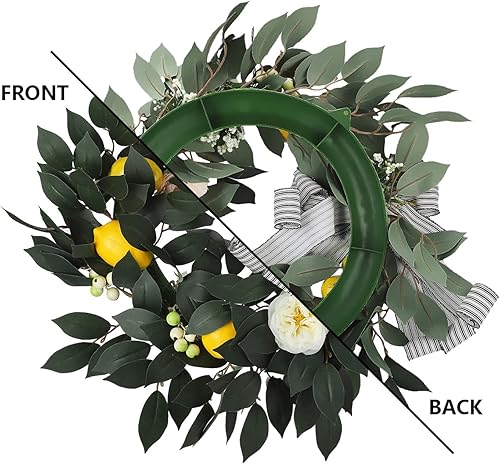 Miniatura 3 de Corona de limón amarillo de 20 pulgadas con rosas y lazo, corona de frutas de primavera y verano, corona de hojas verdes limón para puerta