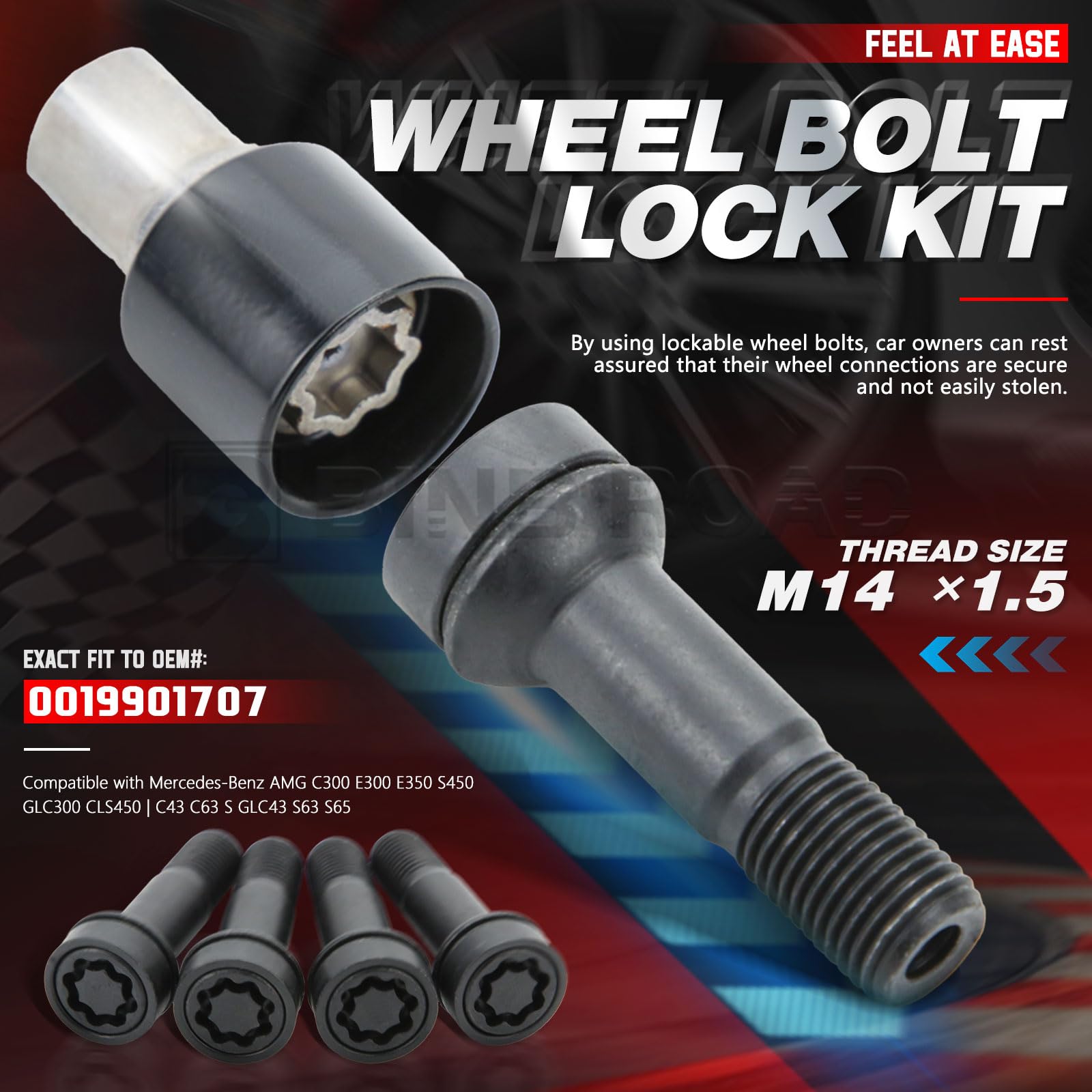 BINB ROAD 0019901707 A0019901707 Lockable Wheel Bolt Rim Locks M14 X 1.5 Compatible with Mercedes-Benz AMG C300 E300 E350 S450 GLC300 CLS450 | C43 C63 S GLC43 S63 S65