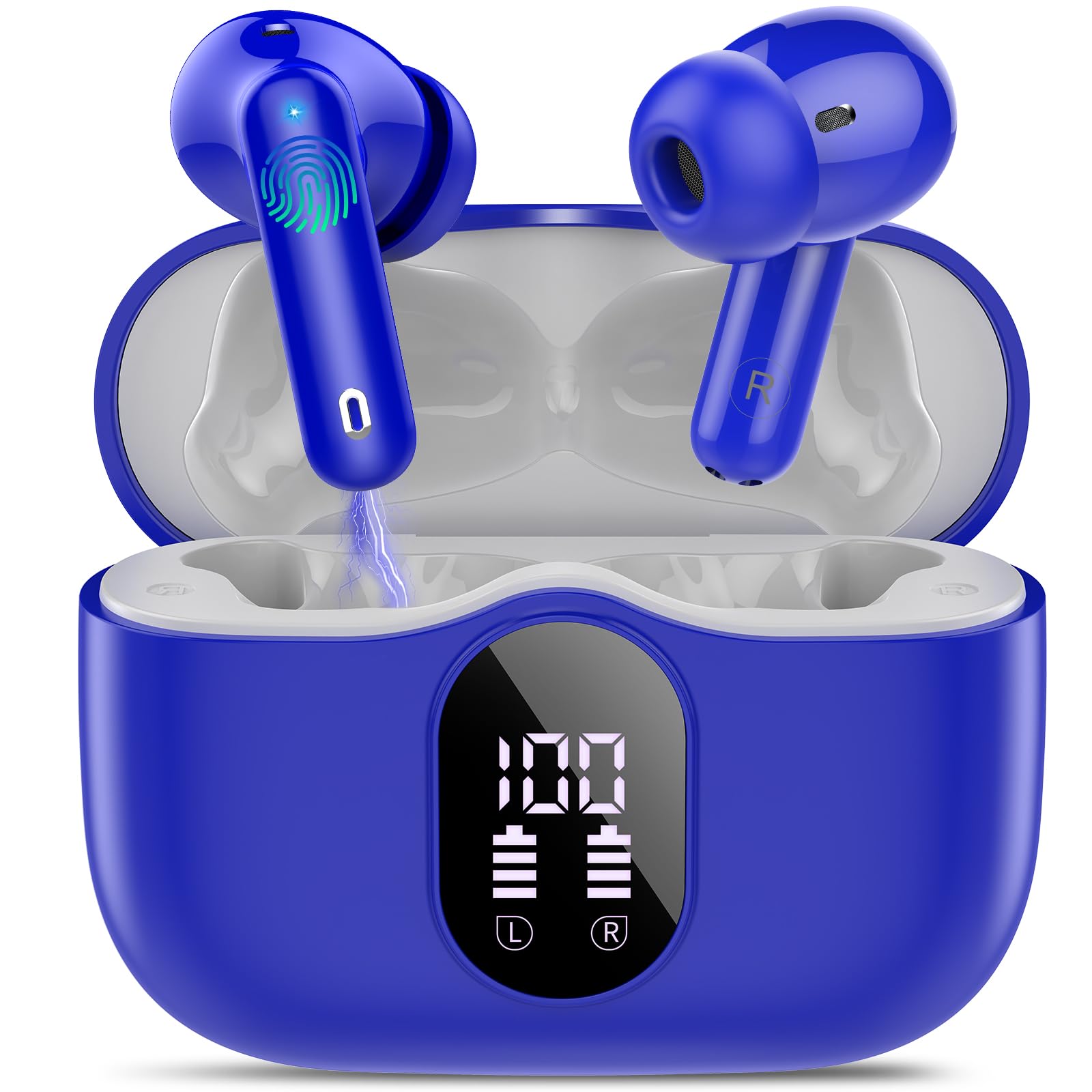 Wireless Earbuds, Bluetooth 5.4 Headphones Bass Stereo, Ear Buds with Noise Cancelling Mic, IP7 Waterproof in Ear Earphones, 36H LED Display Bluetooth Earbuds for Laptop Pad Phones Sports, Blue