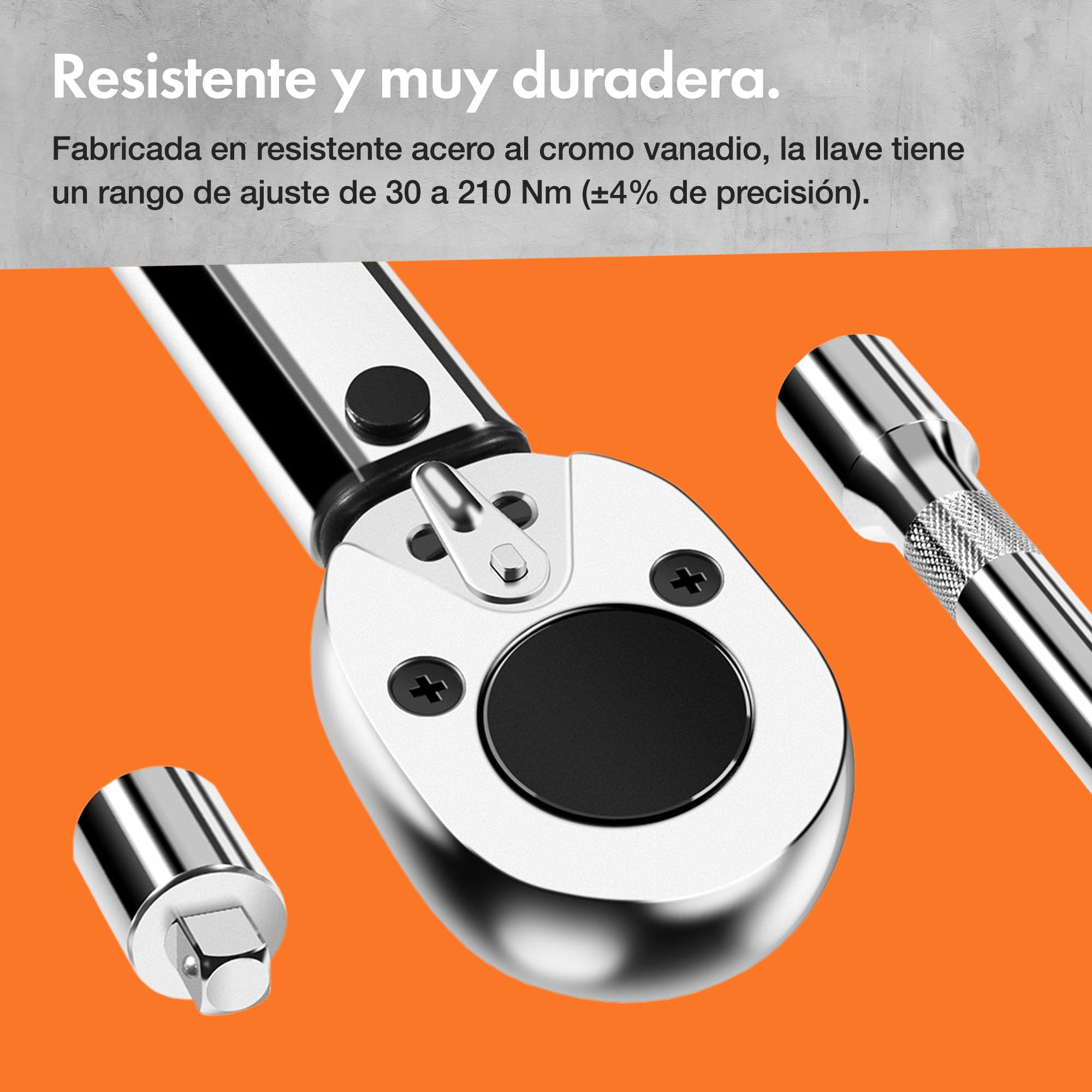 VonHaus Llave Dinamométrica 1/2 – Llave de Carraca 1/2 con Barra de Conversión 3/8 y Barra Extensora – Destornillador de Torque para Coche, Bicis y Reparaciones en General – Trinquete 1/2, 30-210 Nm