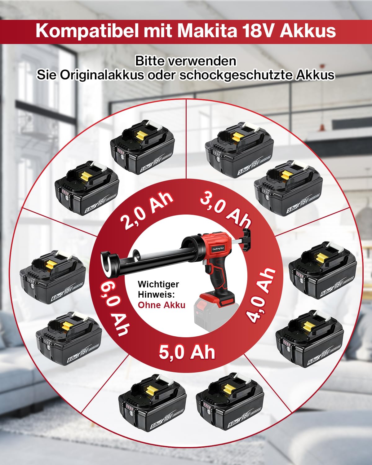 Lytool Akku Kartuschenpresse Kompatibel mit Makita Akku-18V mit LED-Licht | Elektrische Kartuschenpistole Silikonpistole Akku, einstellbare Drehzahl für 310 ml-Kartuschen (Ohne Akku)