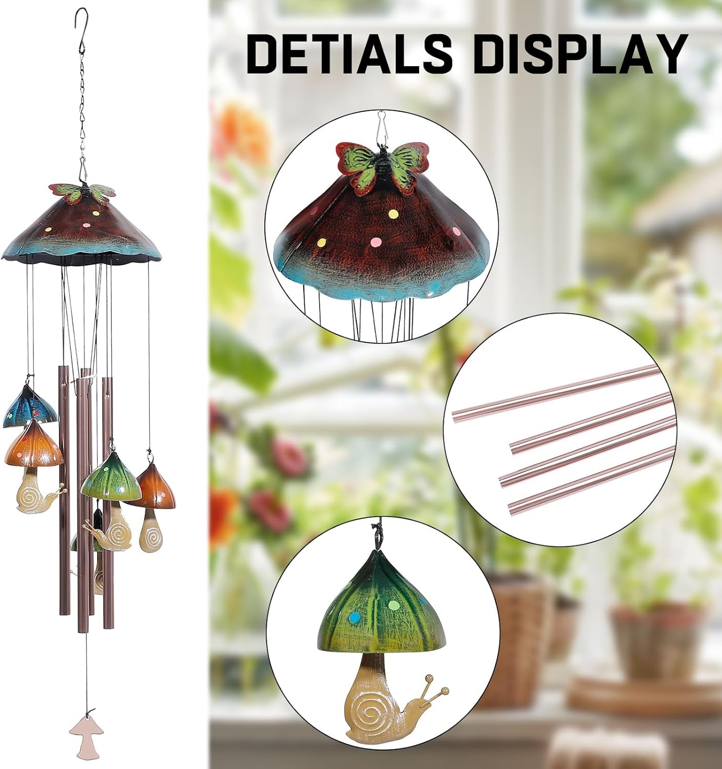 EVOLUX Wind Chimes for Outside, Mushroom Wind Chime Garden Decor Outdoor, Yard Decorations Wind Chimes Gifts for Mom Grandma Women Housewarming Gift, Green, 70-FL