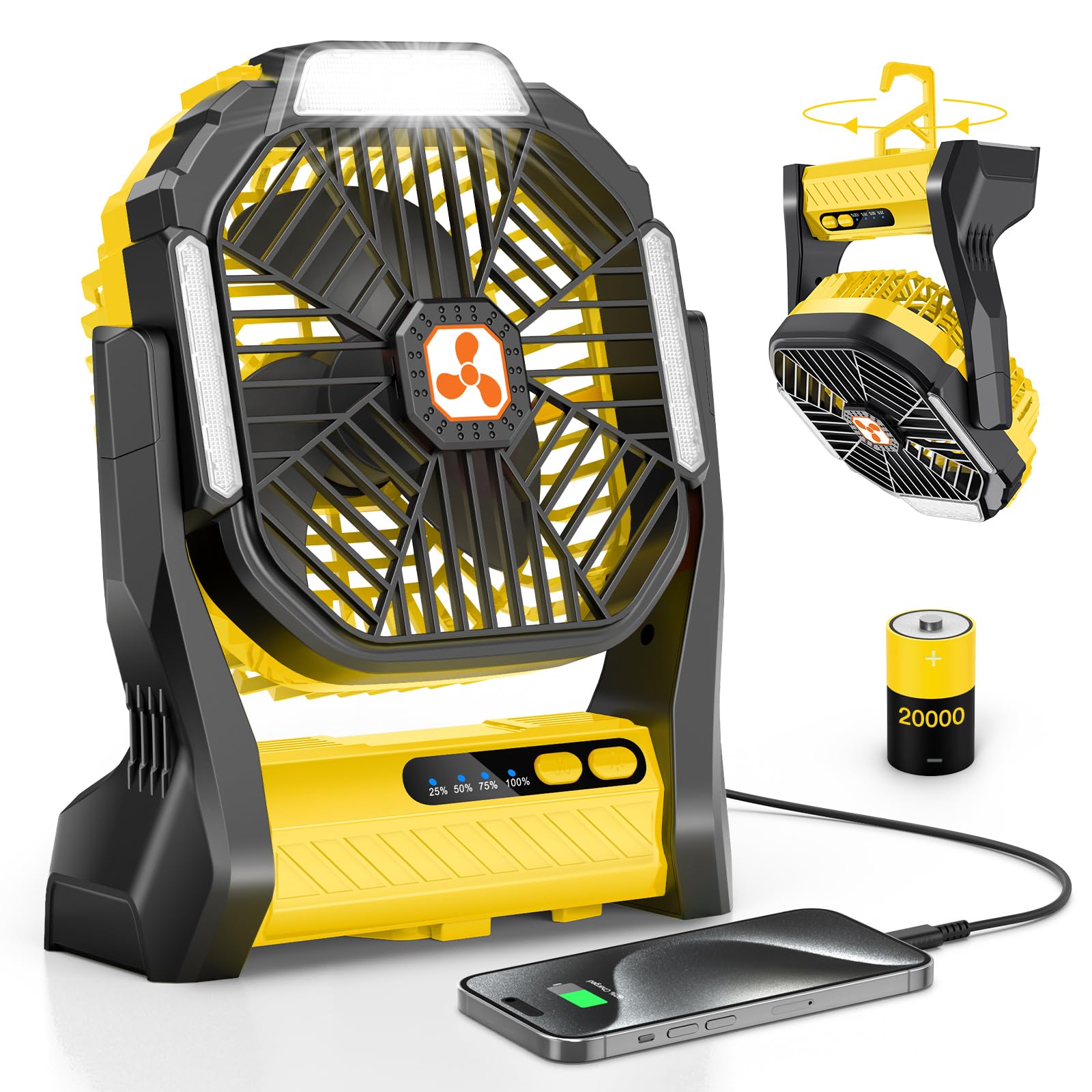 Ventilateur de camping rechargeable 20000mAh grande autonomie et lampe LED