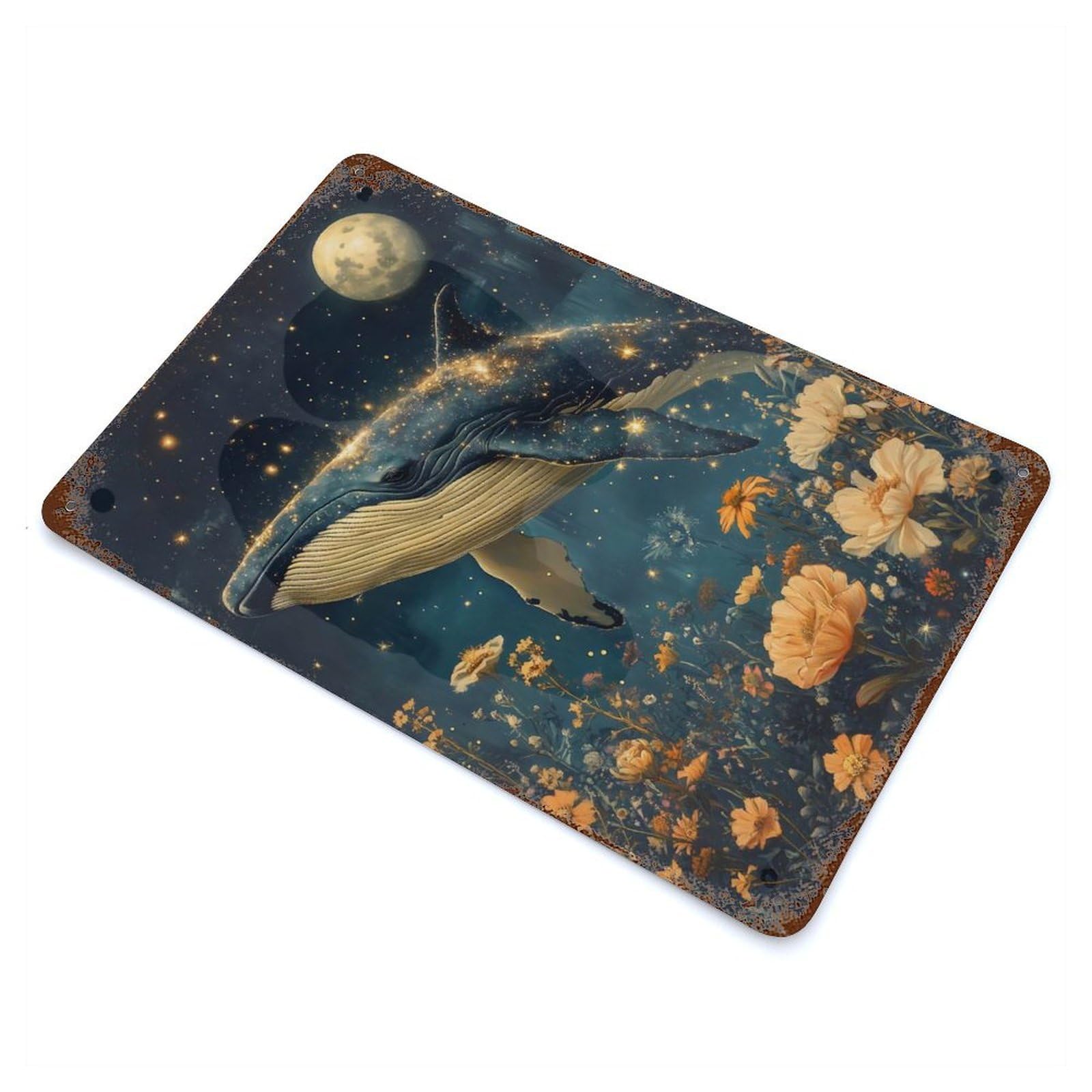Vintage Rust Metal Sign Whale in The Night Sky 11.8"x7.9", Novelty Wall Decor for Garage, Bar And Workshop Decor