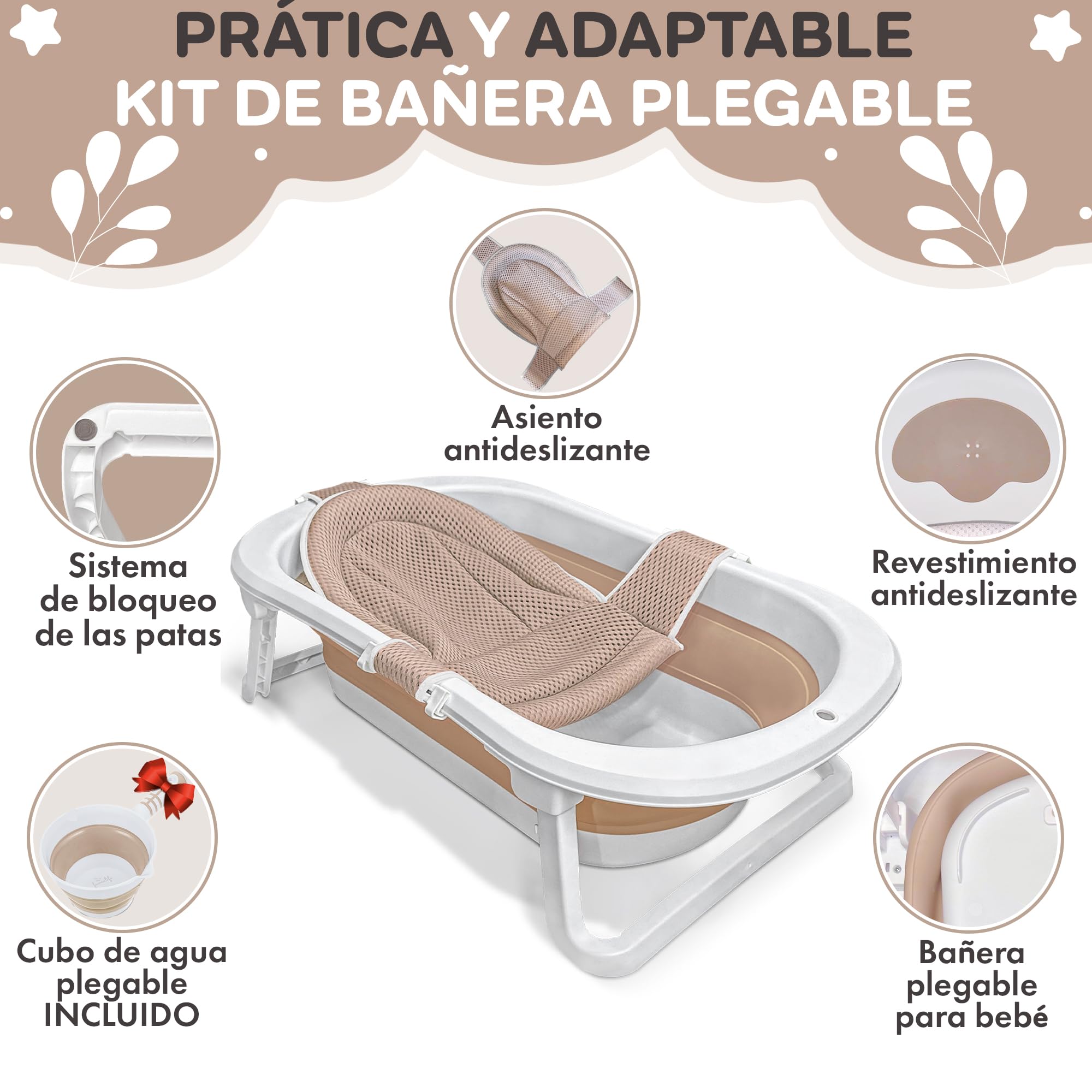 Bañera Plegable XXL para Bebé FawnsLife – Bañera para Bebé con Patas, Asiento Confortable y Pequeño Cubo de Agua Plegable – y Práctica para Espacios Reducidos y Desplazamientos