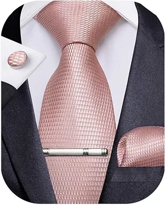 DiBanGu Silk Plaid Tie Set with Pocket Square and Cufflinks