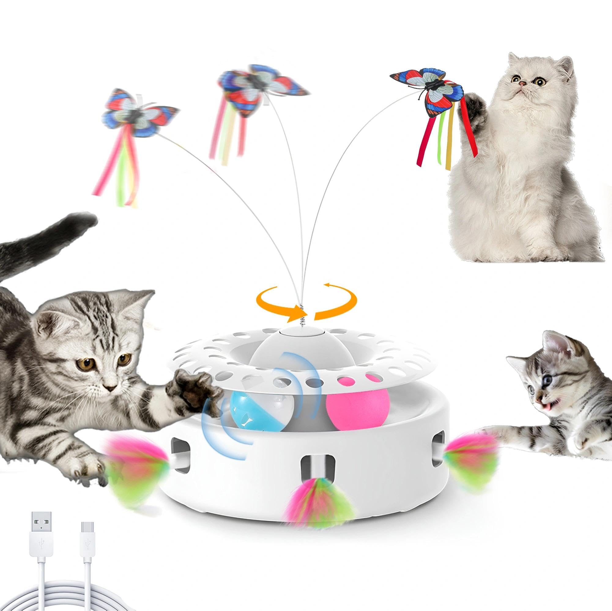 Soarer Cat Toy 3 en 1 Jouet Interactif Automatique pour Chatons, Papillons Volants, Plumes Volantes, Livré avec 4 Accessoires Remplaçables, Boule À Rouler Tactile, Mode Double Alimentation