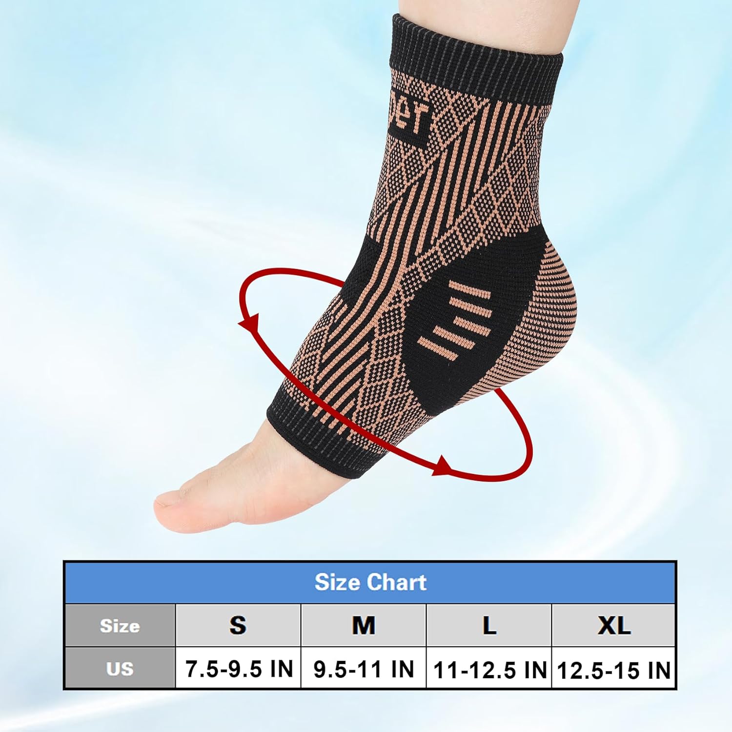 Size chart for Vigorwise Ankle Support Compression Socks, showing US shoe sizes for Small, Medium, Large, and X-Large.