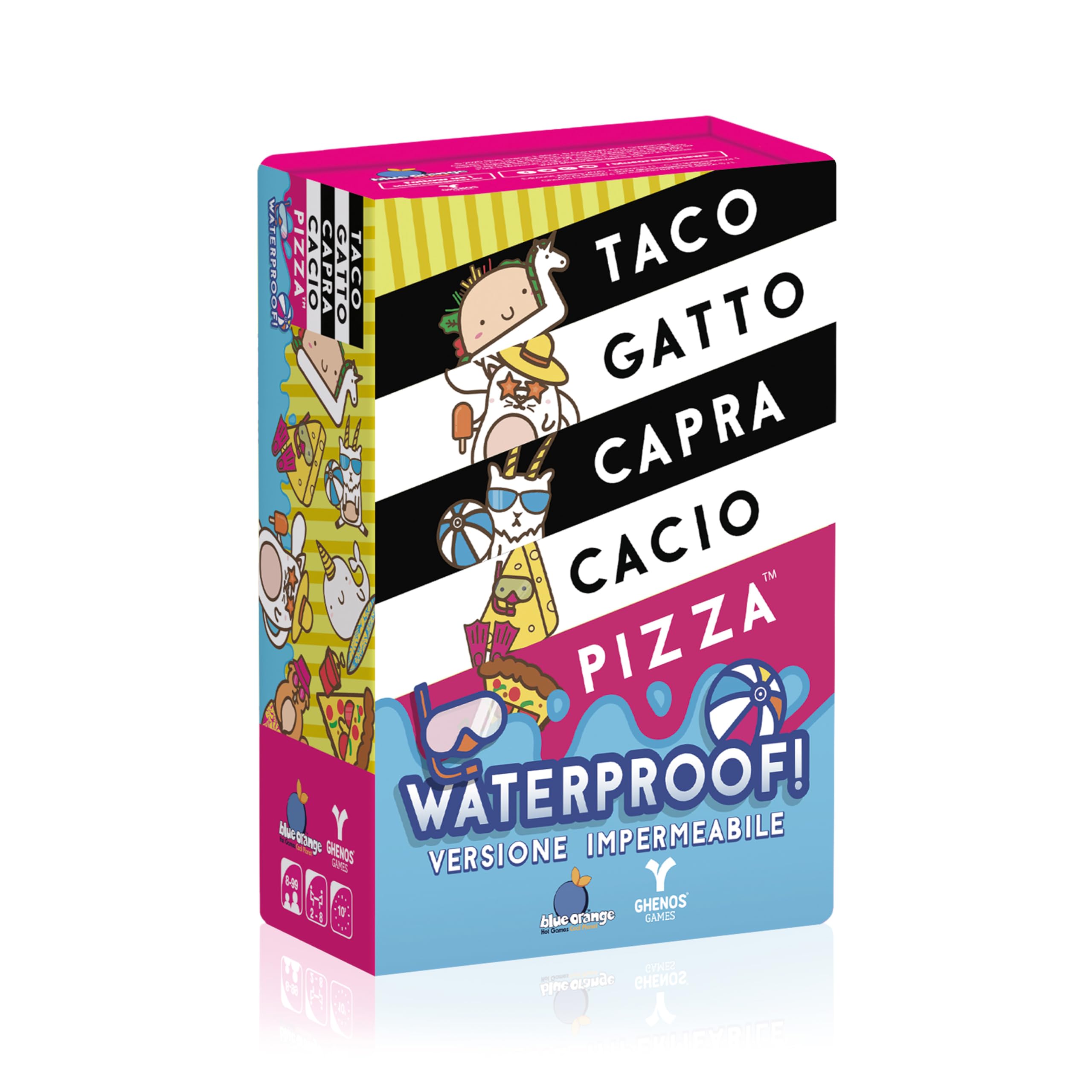 Ghenos Games Taco Gatto Capra Cacio Pizza Waterproof - Gioco di carte per Adulti e Bambini dagli 8 Anni - 2-8 Giocatori - Durata 10min - Edizione Italiana