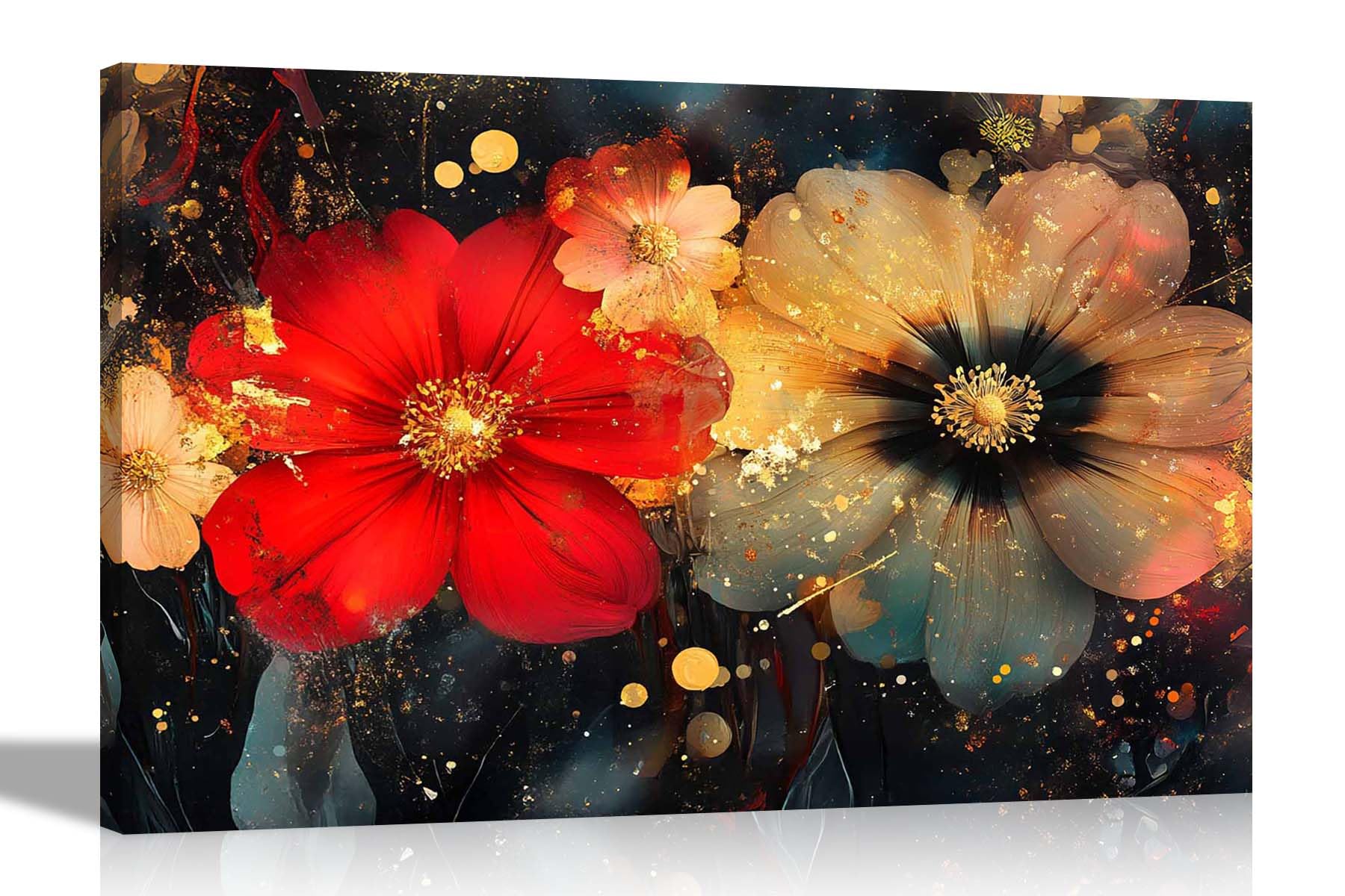Artley Prints - Red Gold Abstract Flowers Canvas Prints Framed Wall Art Flower Pictures Conservatory Garden Hanging Decor 60 x 40cm (24 x 16 inches) A2