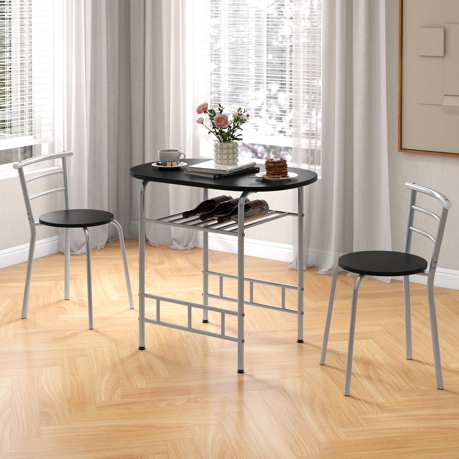 GIANTEX Juego de Comedor de 3 Piezas, 1 Mesa Ovalada Pequeña y 2 Sillas con Respaldo, con Botellero, Tablero de Mesa con Ventas de Madera, Marco de Metal, Ahorro Espacio (Negro+Plata)