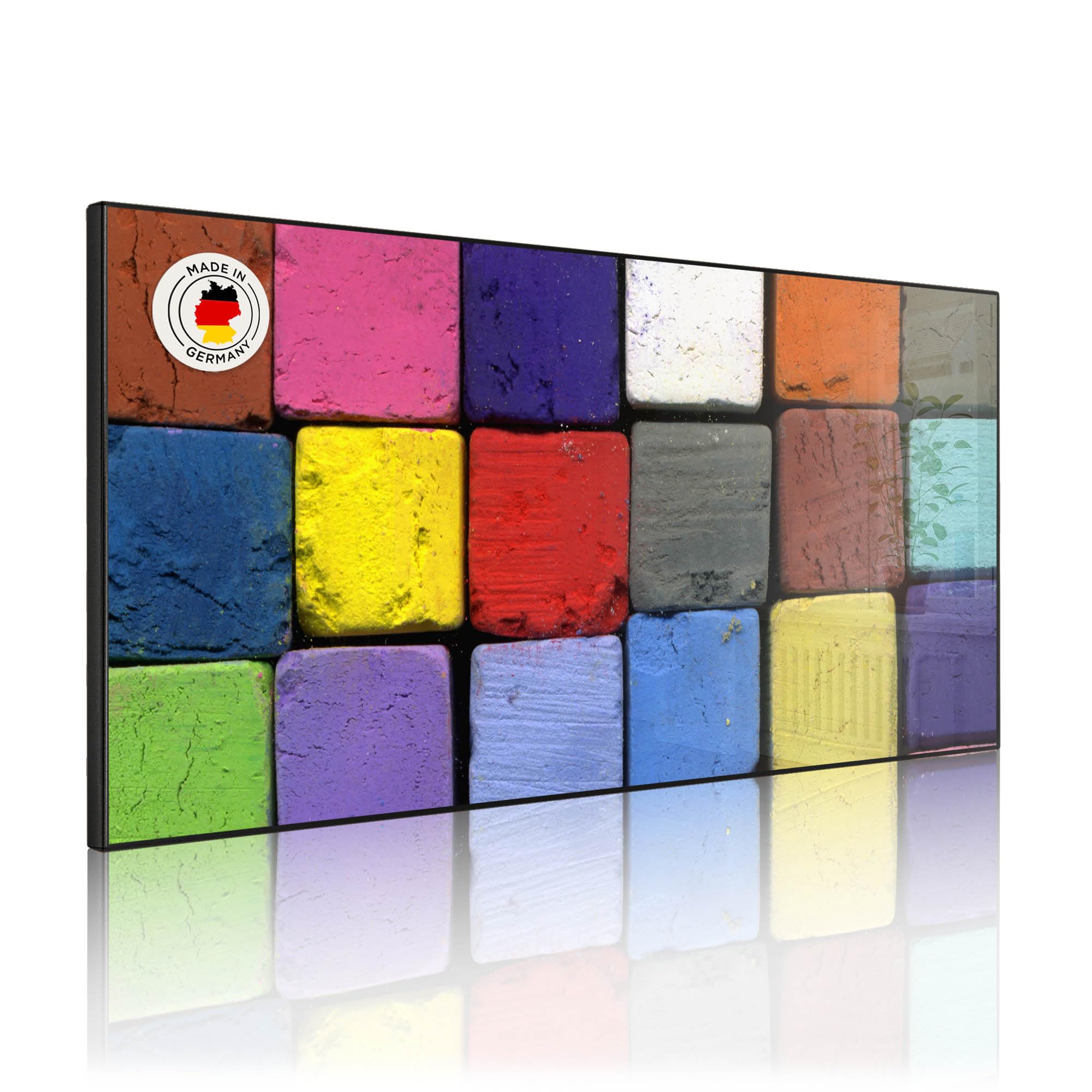 banjado Magnettafel Metall 78 x 37cm - beschreibbare Magnettafel - Metall Pinnwand als Memoboard - Magnetwand Küche, Büro, Kinderzimmer Schwarz inkl. 4 Magnete & Montageset - Motiv Bunte Kreide