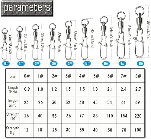 Vista 13 de AMYSPORTS Duo Lock Snap Pesca Giratorios Barril de Acero Inoxidable Señuelo de Pesca Giratorios Rodamiento de Bolas Giratorios Aparejos de Pesca