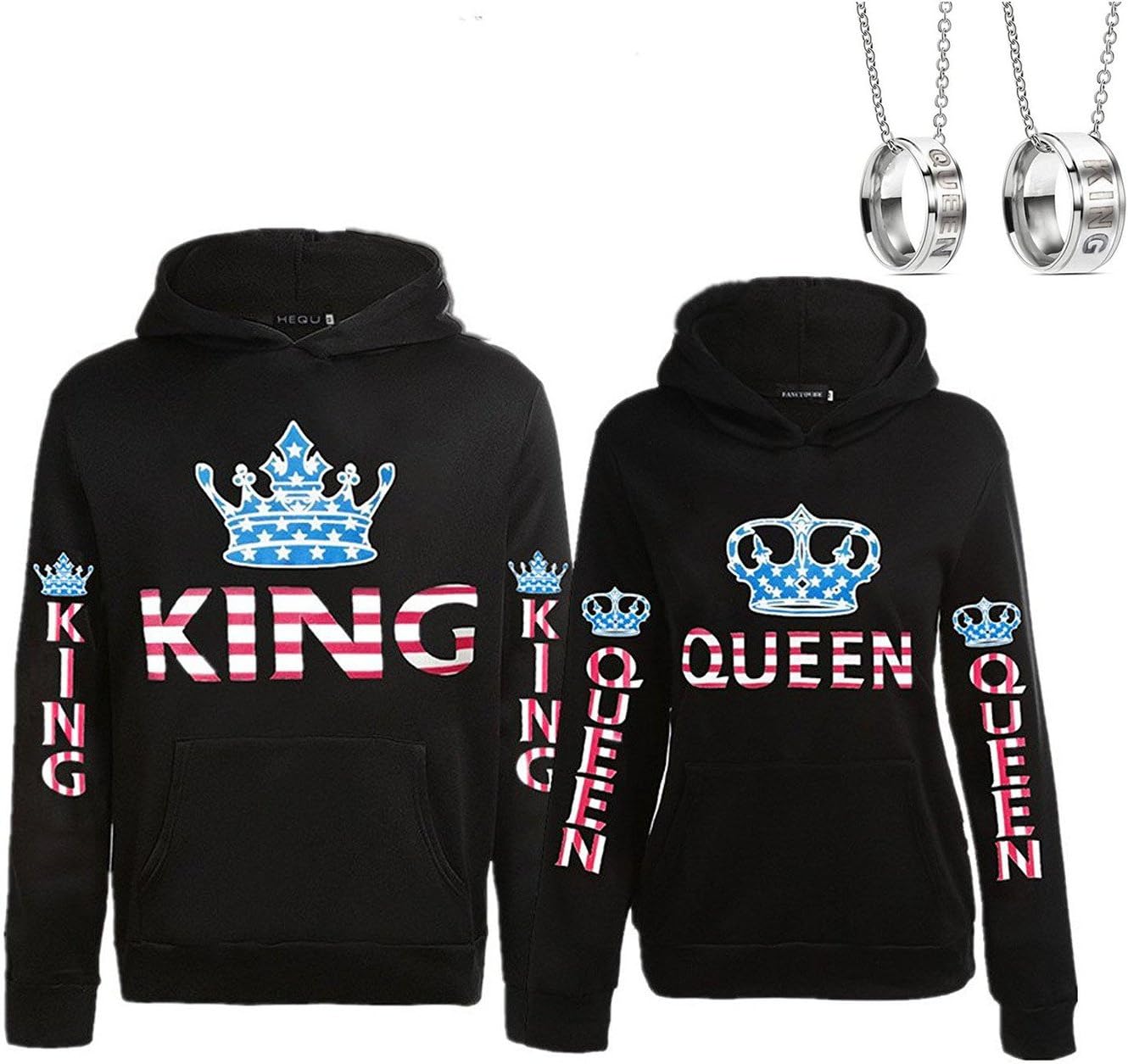 Stephaee King Queen Matching Couple Hoodie Set His & Hers Hoodies with Necklace