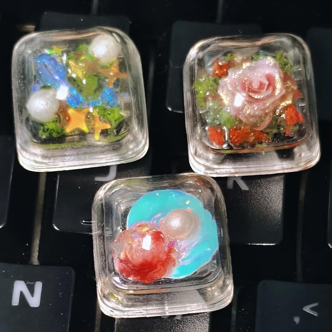 Handmade Flower and Butterfly Resin Keycap, Transparent DIY Custom Design, for Mechanical Keyboard (Undersea Starry Sky Garden(1u+1.25u+2.25u))