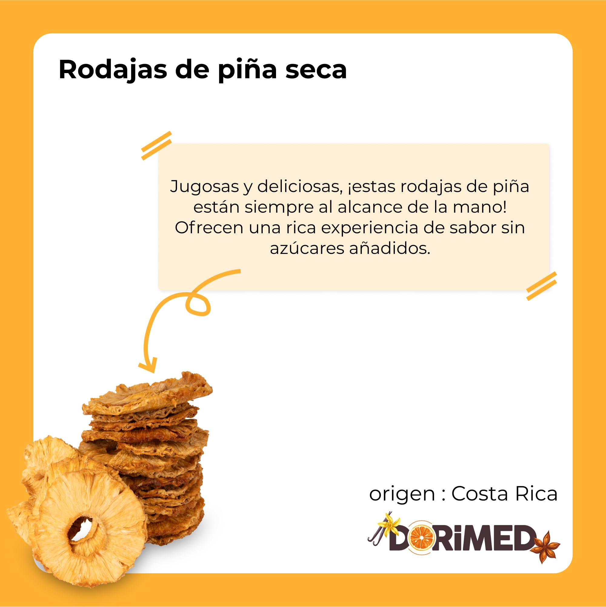 Piña Seca Deshidratada | 1 Kg de Anillos de Piña de Origen 100% Natural | Trozos Sin Azúcar Añadida ni Adicionada | Rodajas Desecadas | Sin Gluten | Vegana y Vegetariana | Dorimed