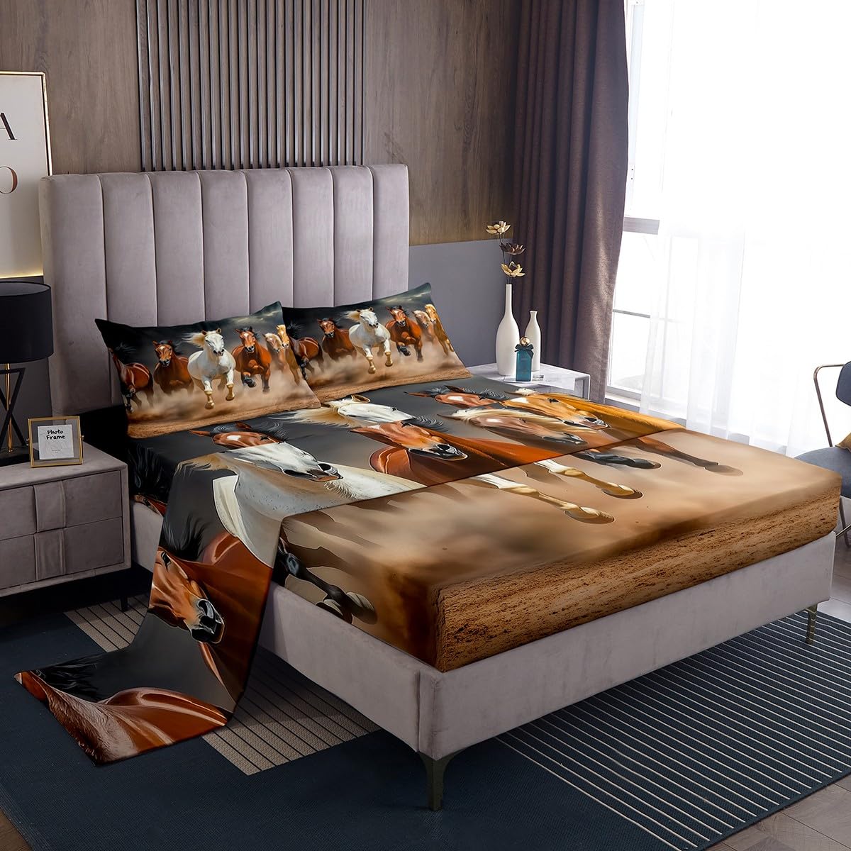 Galloping Horse Kids Bed Sheets: Western Farmhouse Queen Set - Rustic Brown Bedding with Cowboy Girl Fitted Sheet and 2 Pillowcases