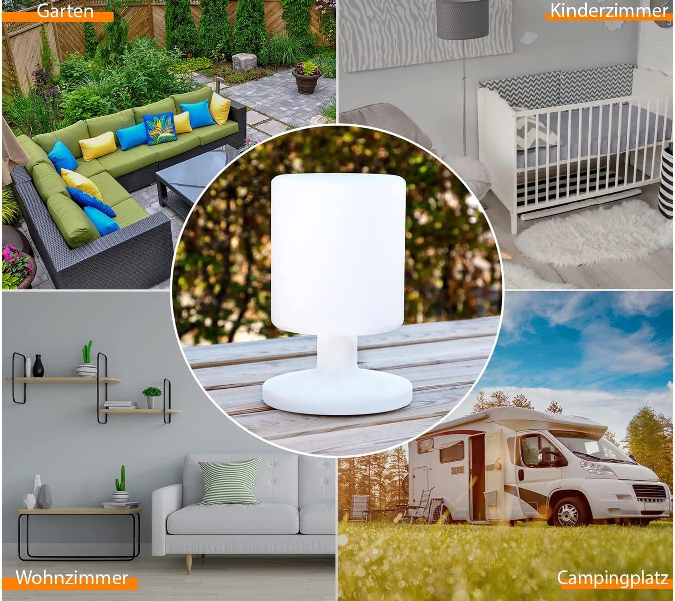 Lamp in various settings: garden, kids room, living room, camping