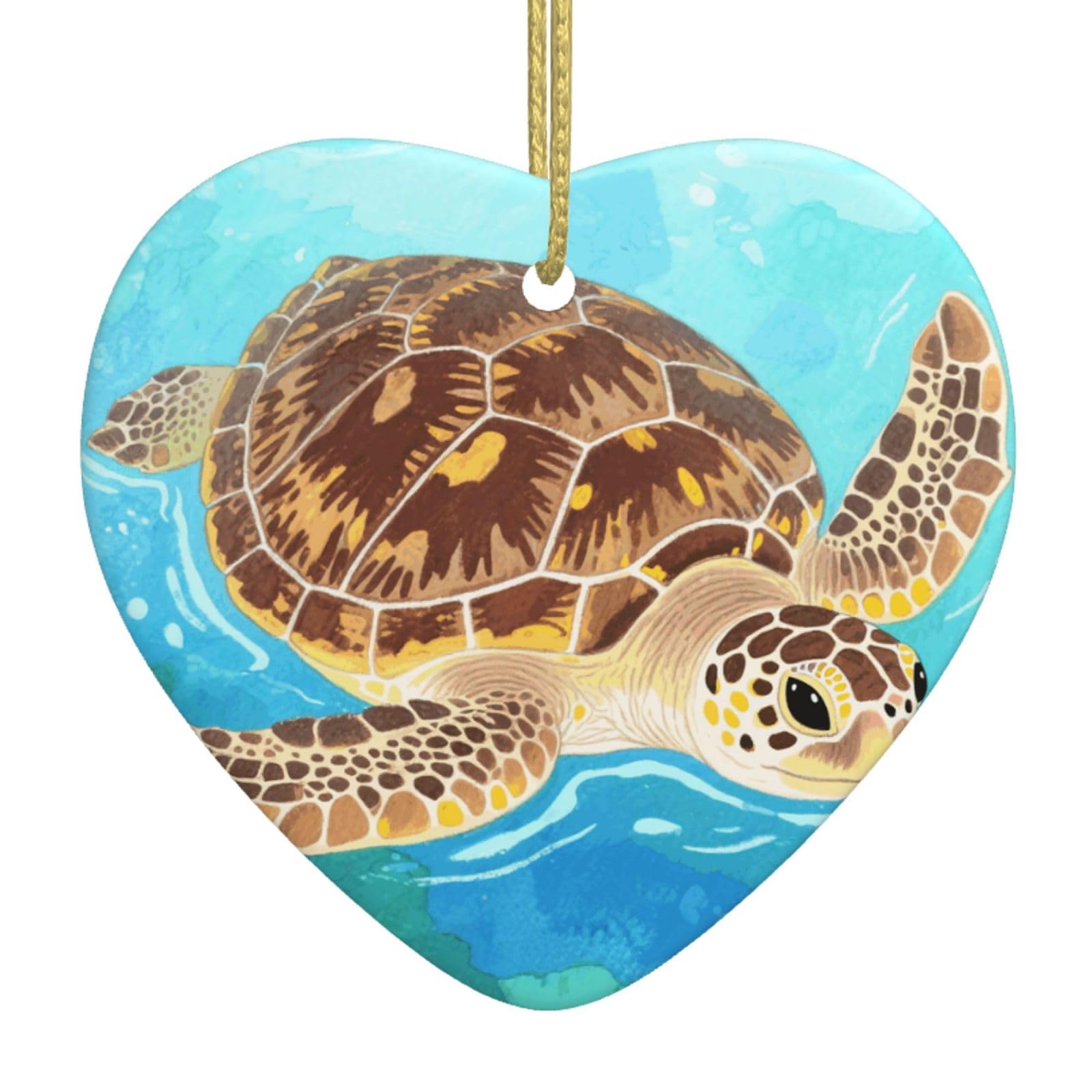 Watercolor Wild Turtle Christmas Ornament 2025 Heart Ceramic Hanging Ornaments for Home Decor Christmas Decorations with Gold Rope Double-Sided Xmas Tree Ceramic Hanging for Holiday Party