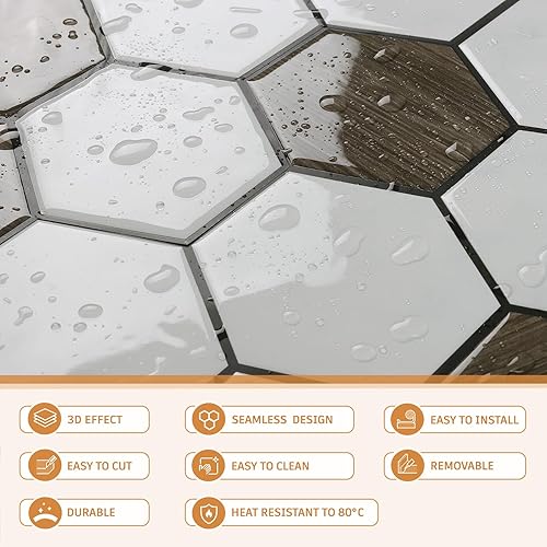 Miniatura 9 de CRE8TIVE 4 hojas de azulejos hexagonales para despegar y pegar contra salpicaduras de 12 x 12 pulgadas para pegar en el muro para cocina,