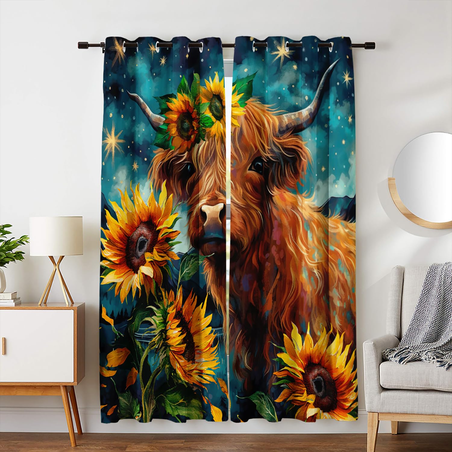 HOSIMA 3D Printing Oil Painting Art Highland Cow and Sunflower Curtains for Living Room 2 Panels Set 63 Inch Long,Farm Star Night Landscape Fancy Curtains for Bedroom Kitchen Decor.