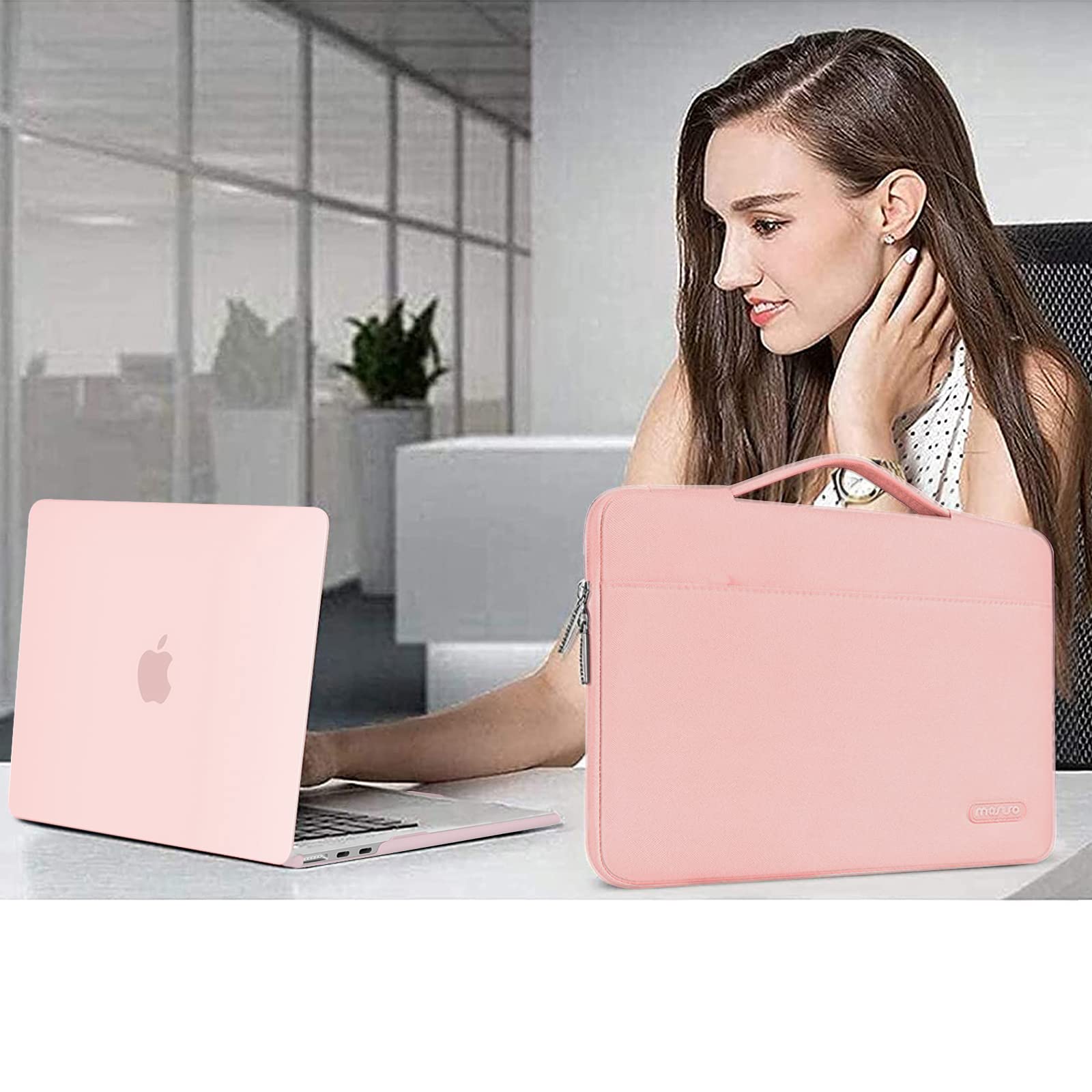 MOSISO Custodia Compatibile con MacBook Air 13 Cover M5 M4 M3 M2 2026 2025-2022 A3449 A3240 A3113 A2681,Case per MacBook Air 13,6'' &Sleeve Borsa&Copritastiera&Copri Webcam&Pellicola, Gesso Rosa