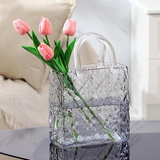 Purse Vase, Glass Bag Vase, Glass Purse Vase for Flowers, Clear Vases, 12 Inch Large Flower Vase with Embossed Pattern for Wedding, Living Room, Bedroom, Table, Office(Tote)