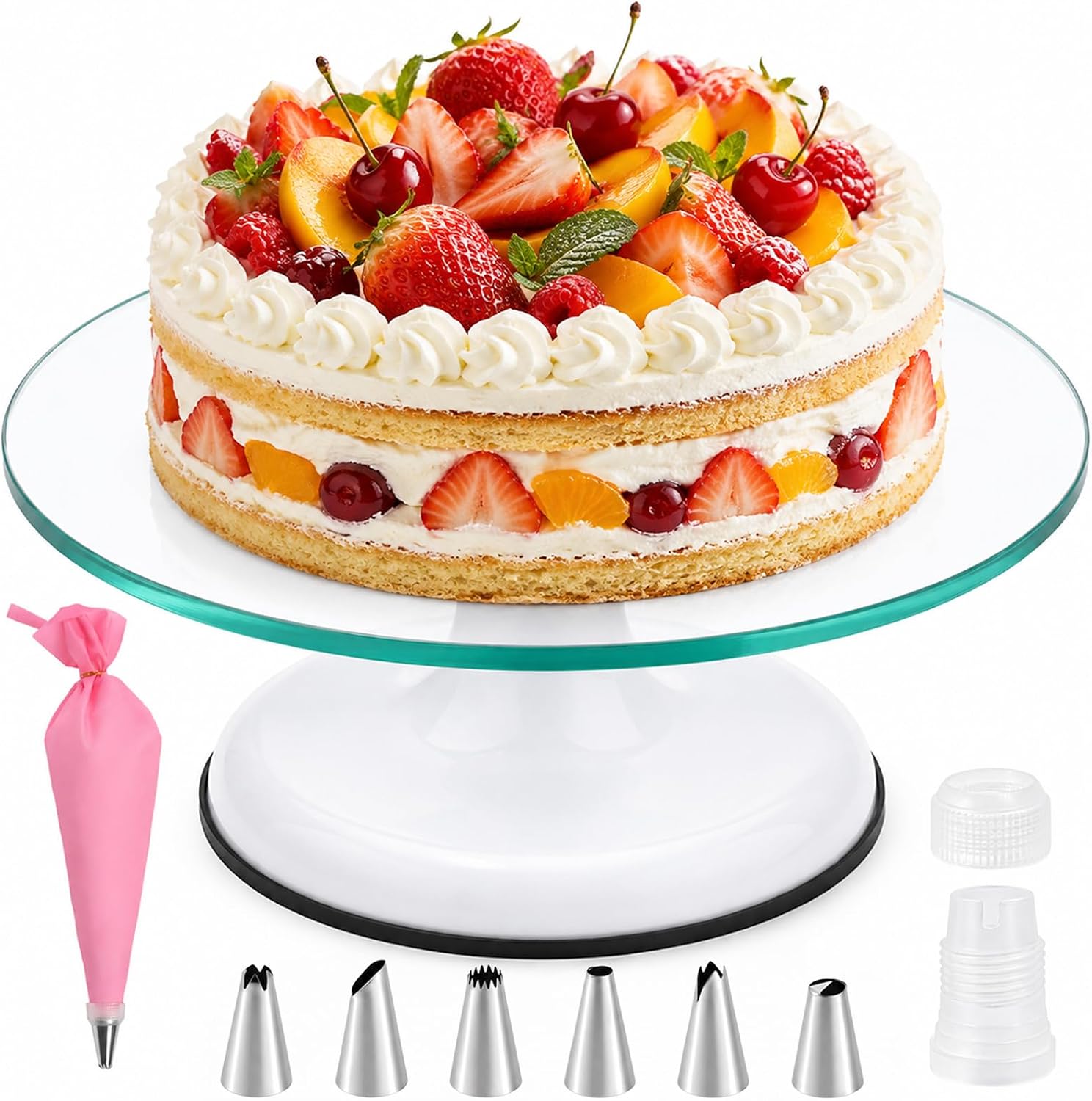 12" Glass Cake Turntable with 6 Icing Piping Tips, 1 Piping Bag