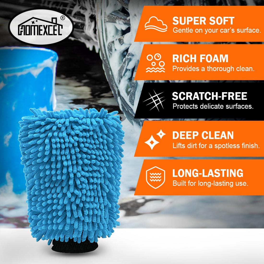 HOMEXCEL Guanto per lavaggio auto, 2 guanti in microfibra di ciniglia, antigraffio e senza pelucchi, schiuma ricca, altamente assorbente, doppio lato, guanto perfetto per il lavaggio e i dettagli