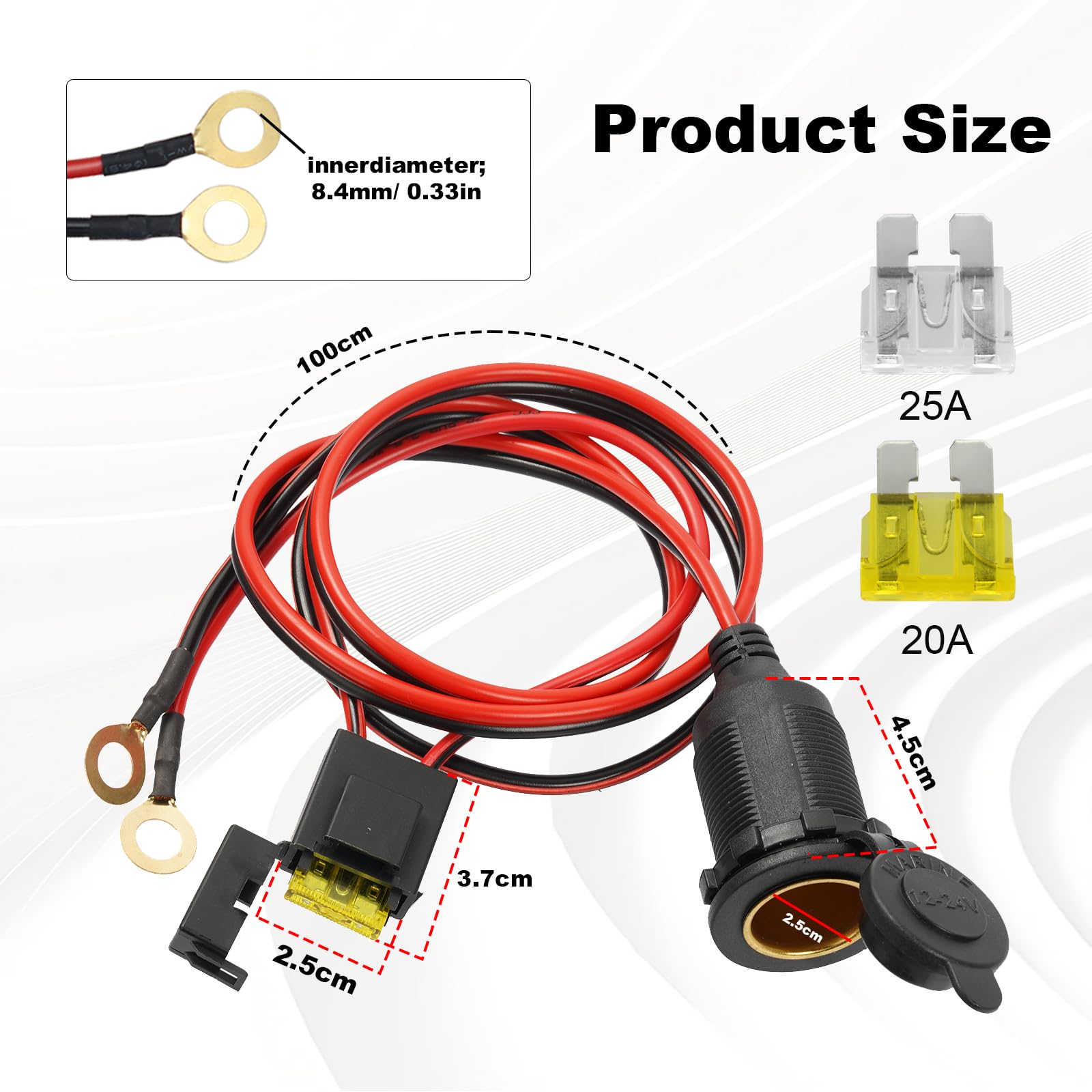Prise Allume-cigare étanche Marine Grade 12V/24V - Courant 20A, Câble 1m Section 2.5mm² - Avec Fusible Et Capot De Protection - Pour Bateau, Voiture, Moto