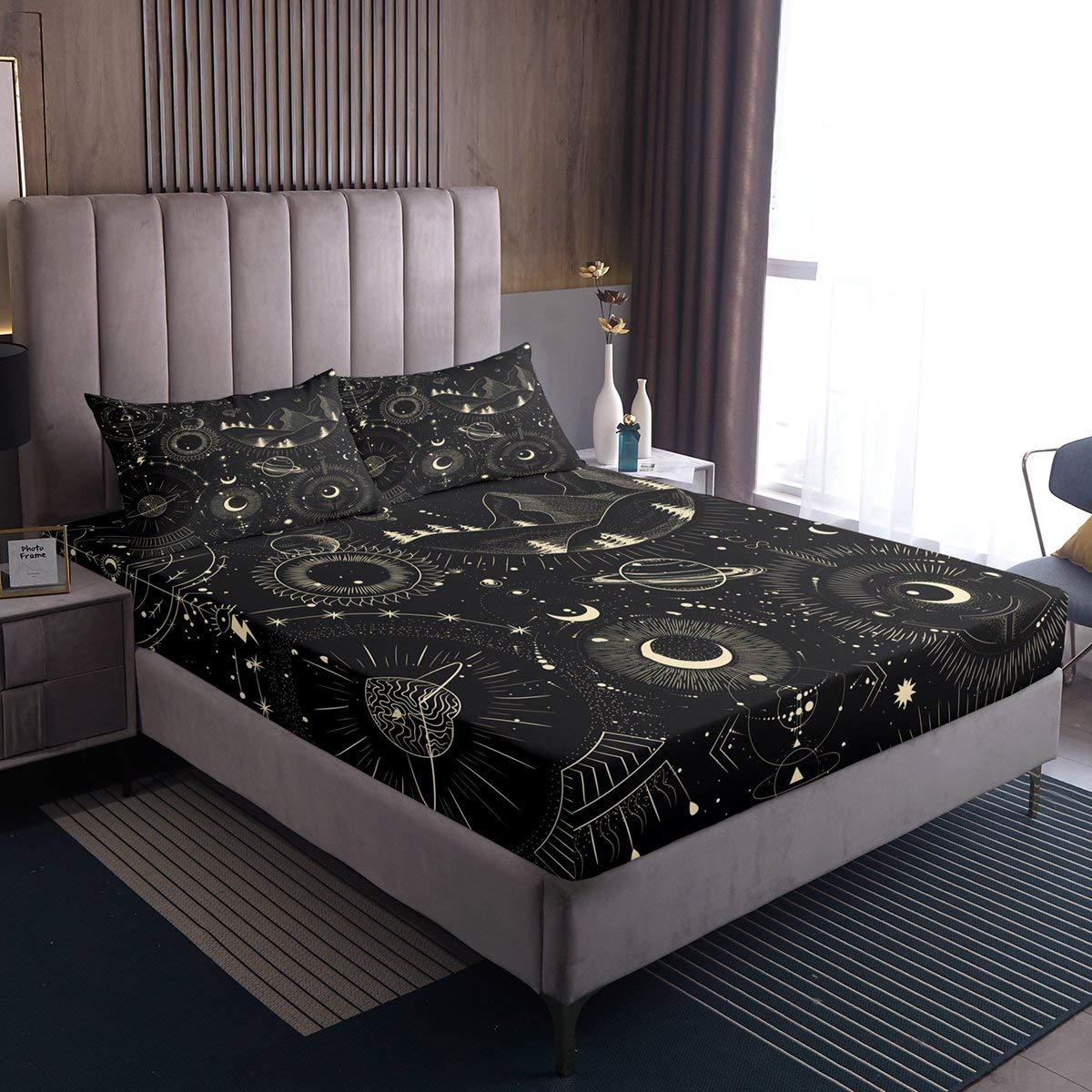 Set di lenzuola per ragazzi e ragazze, con motivo floreale, per letto matrimoniale, stile botanico, stile moderno, colore: grigio nero e verde