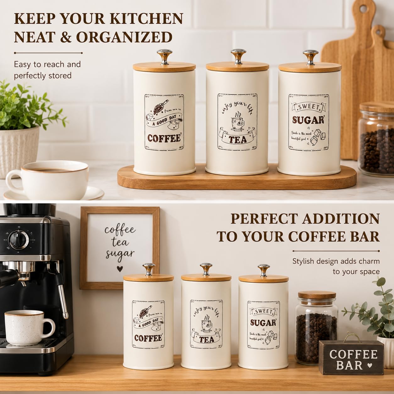 Set 3 Barattoli Rotondi per Conservazione, Contenitori Caffè in Metallo con Coperchio Ermetico Bambù, 800ml per Caffè, Tè, Zucchero, Organizzazione Cucina, 15.6x9.5 cm
