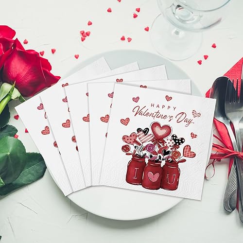 Miniatura 5 de Pasimy 100 servilletas de papel de San Valentín a granel, diseño de corazón rojo de amor rojo, servilletas desechables para invitados, toallas de