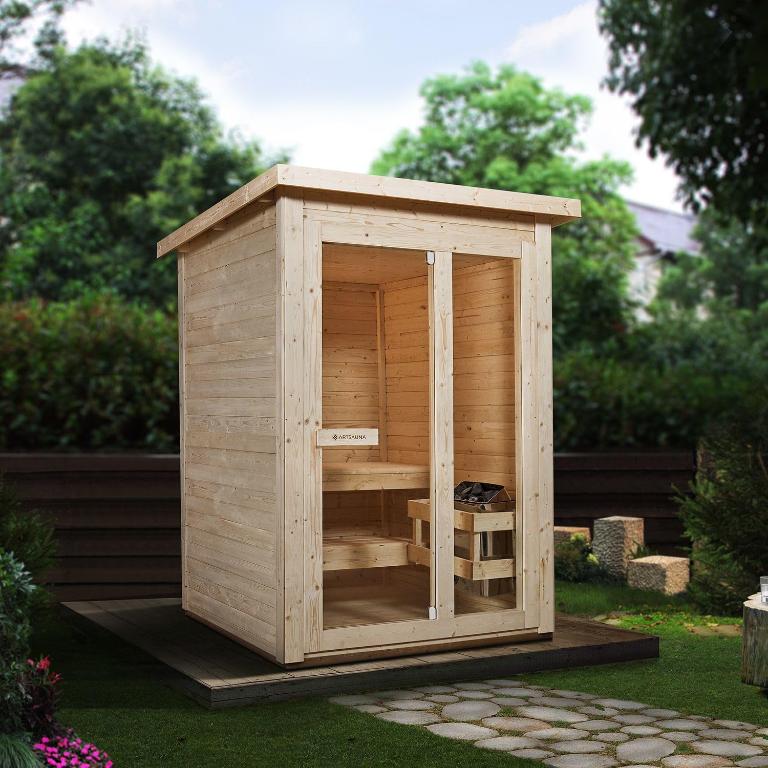 Artsauna Varberg Gartensauna 145 x 150 cm 4,5 kW Ofen Fichtenholz Outdoorsauna für 2 Personen Komplettset