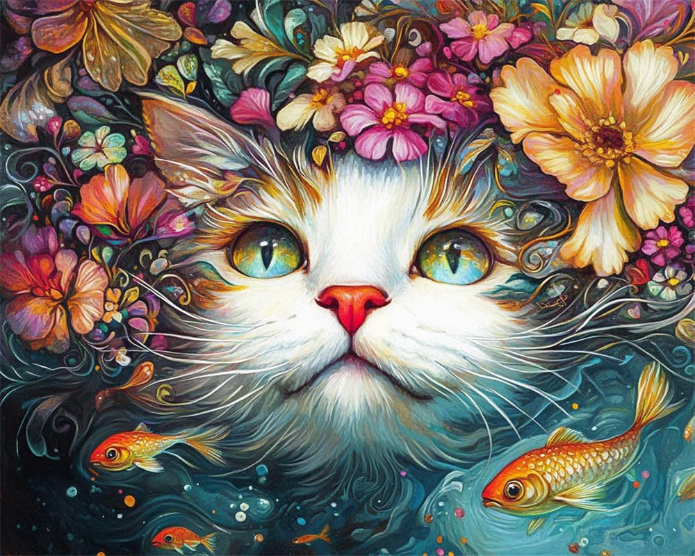 Henypt 11Ct DIY Stamped Cross Stitch Kits for Adults Cat Fish and Flowers Cross Stitch Kits Landscape Oil Painting Cross-Stitch Kits Counted Embroidery Kits for Adults