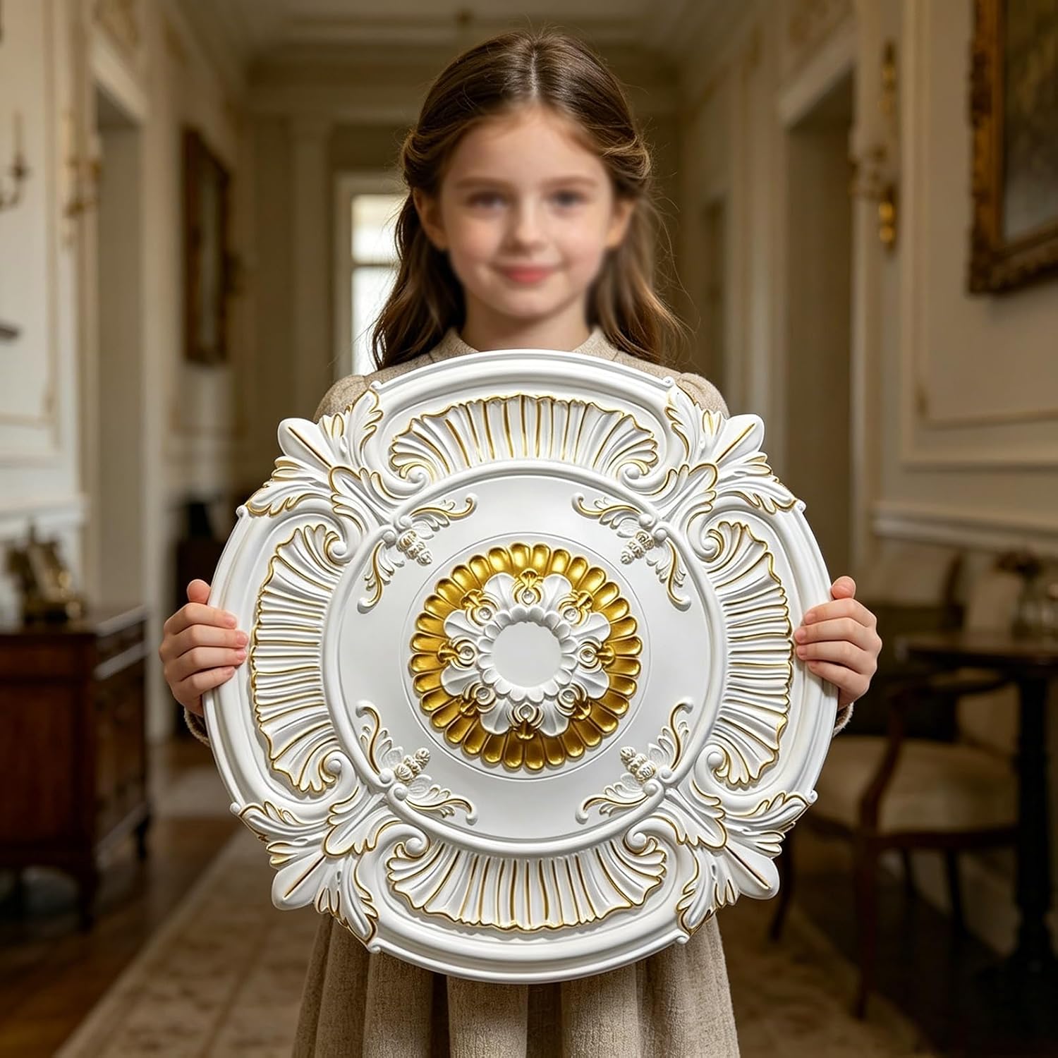 Carved Patterns Decorative PU Ceiling Medallion, Round Ceiling Rose with Gold Hand-Painted Trim, Waterproof Ceilings Cover Plate, Home Decor(White-B 50cm(19 3/4"))