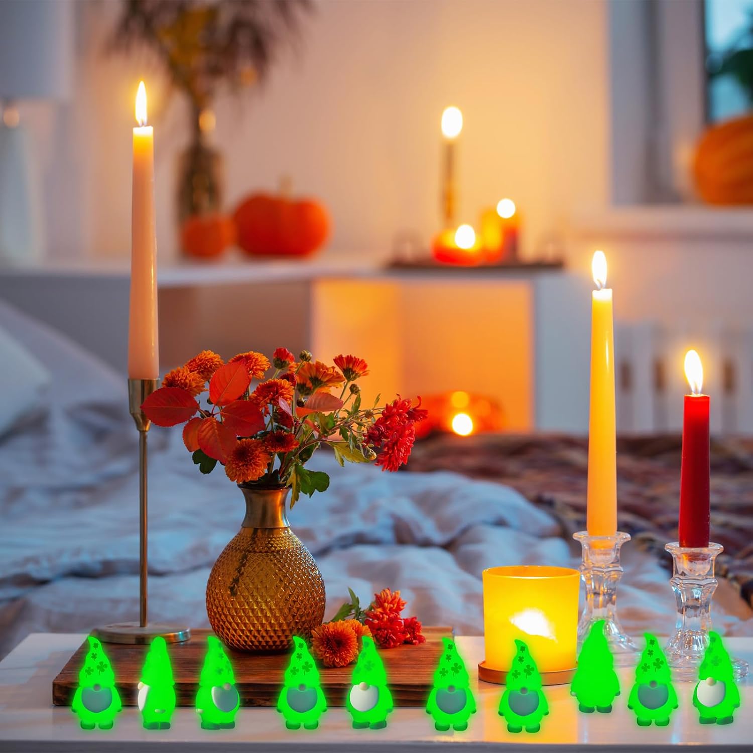 DoubleFill 60 Pcs Luminous St. Patrick's Day Mini Gnomes Figures Tiny Gnomes Figurines for St. Patrick's Day Gift Small Gnome to Hide Rubber Gnome Statues for St. Party Favors Accessories