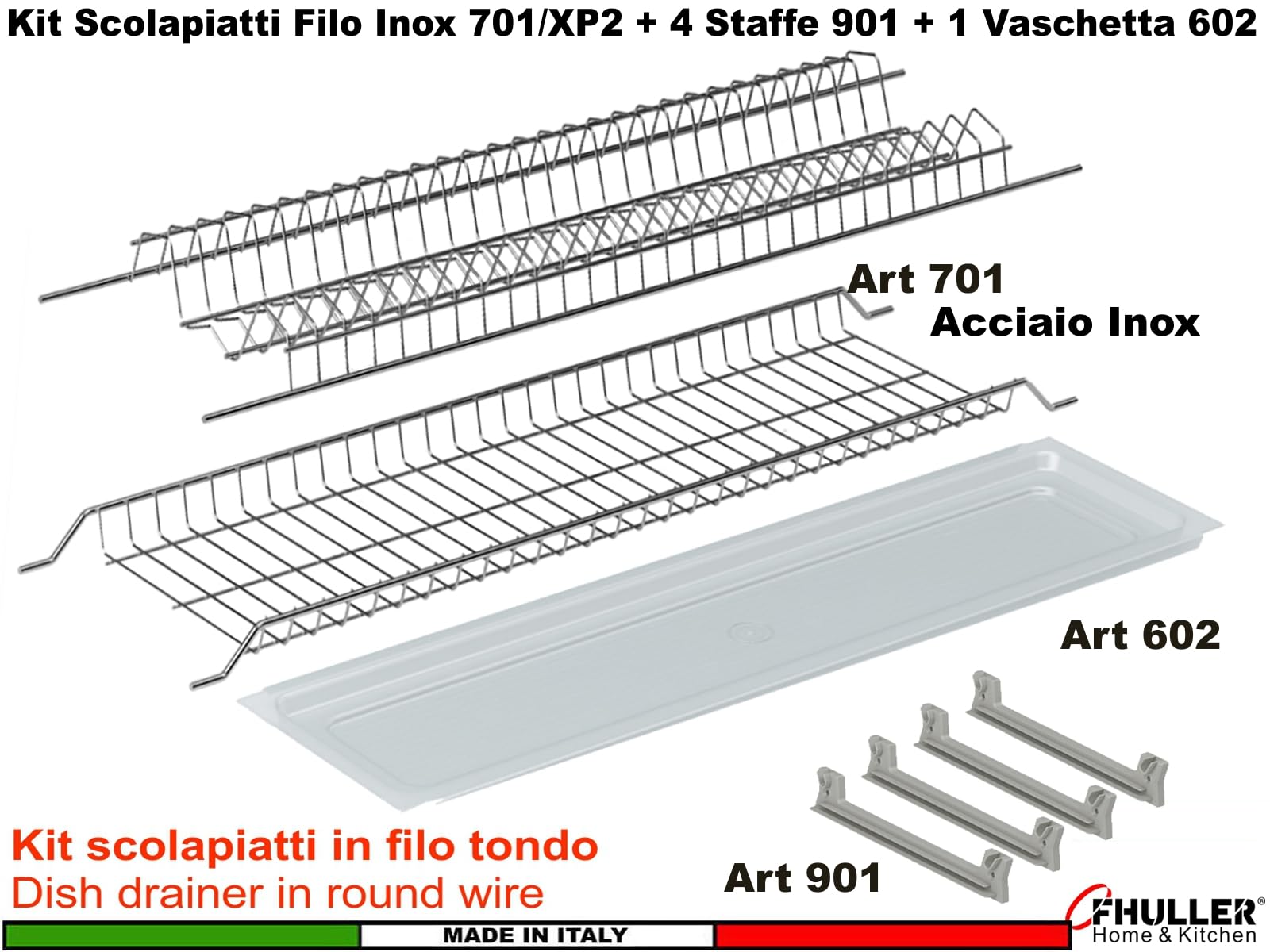 Kit Scolapiatti 76 cm acciaio inox da Incasso per Mobile Pensile cm. 80 completo di Vaschetta