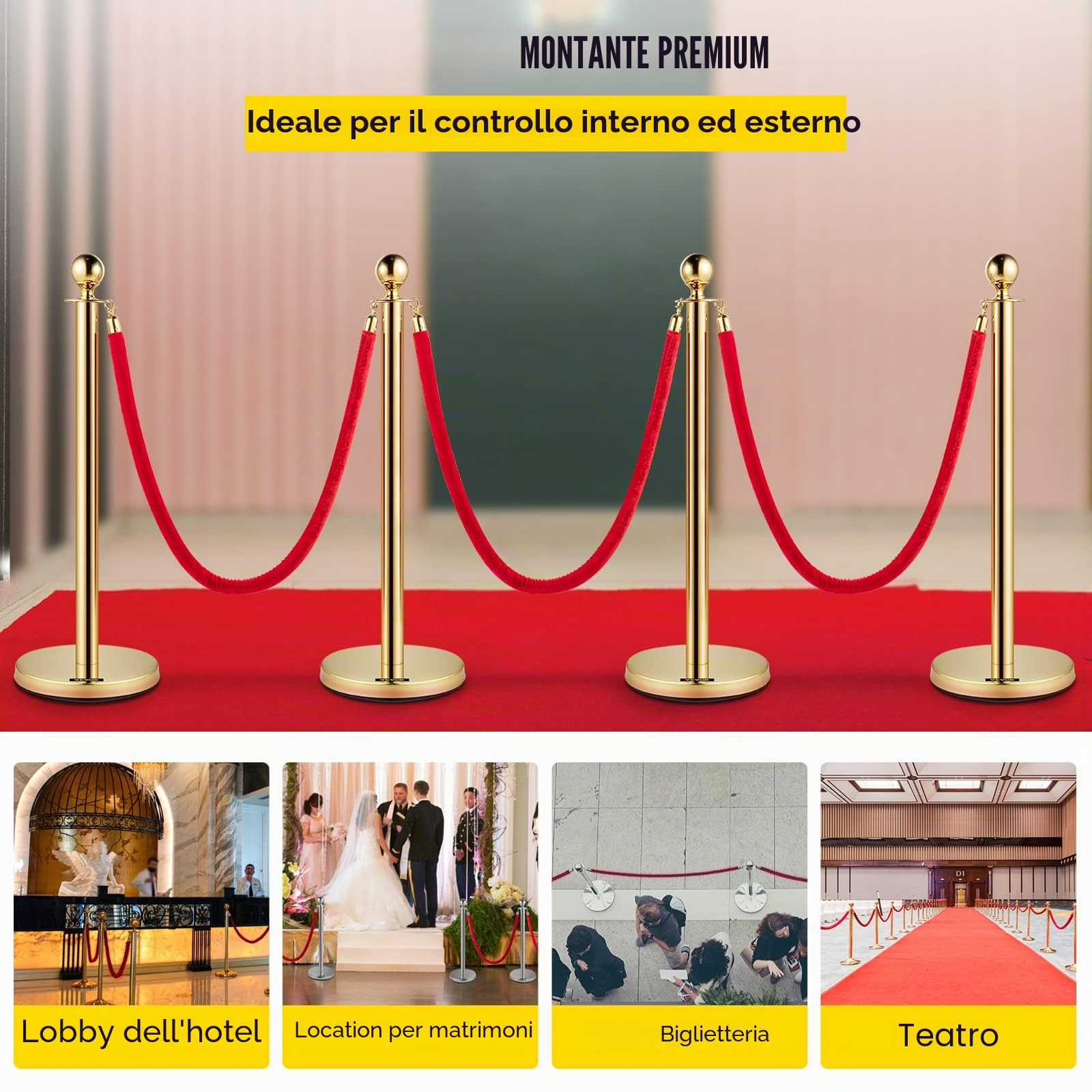 VEVOR Barriera per Il Controllo della Folla con Corda di Velluto Rosso, 4 Pezzi Corda da 1,5 m Barriere di Controllo della Folla Tondo Post Palo per Teatri, Hotel, Casinò, Biglietterie ed Eventi
