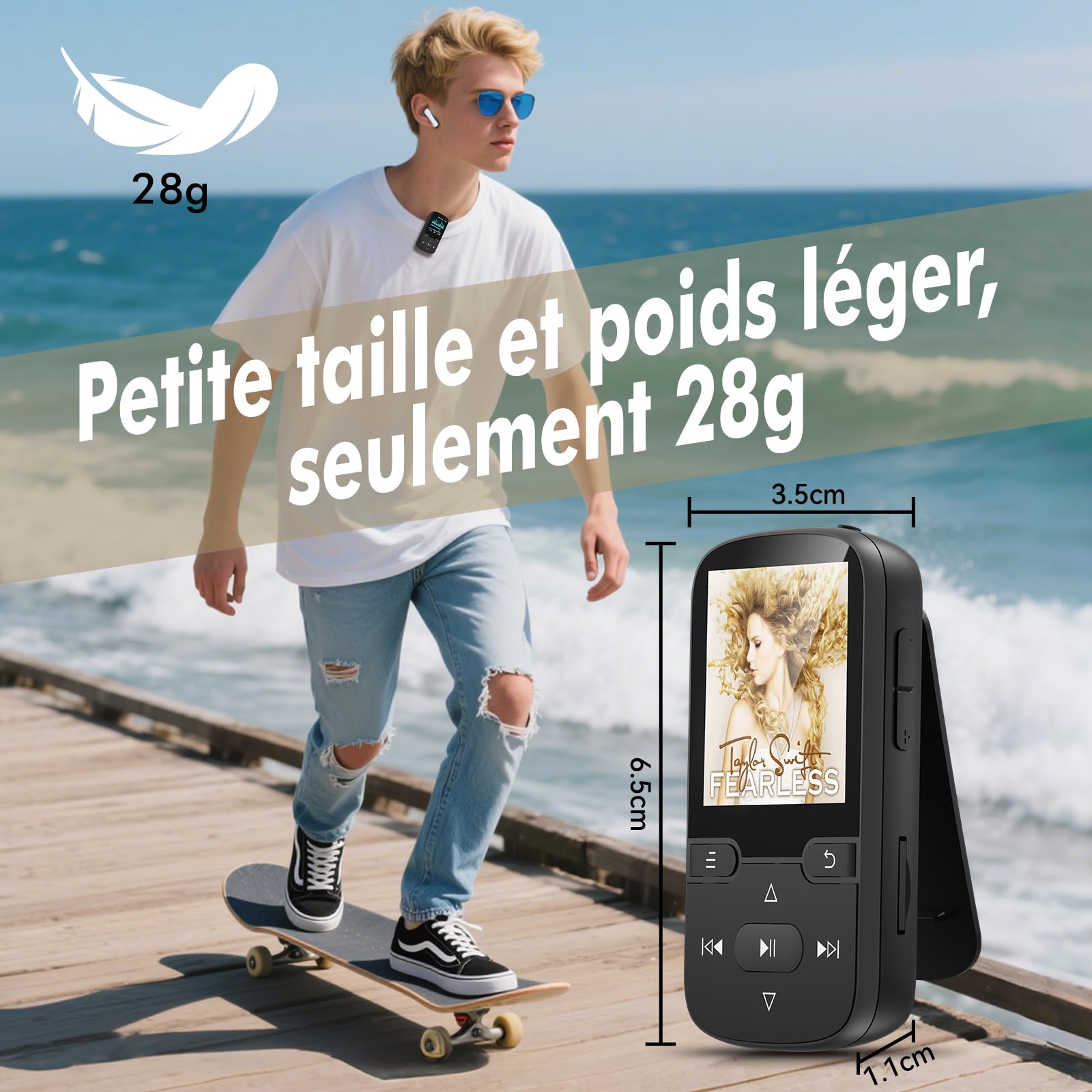 64 Go Lecteur MP3 Bluetooth 5.3 avec Clip, Lecteur de Musique HiFi Portable