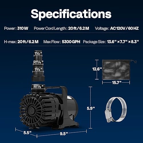 Miniatura 6 de VIVOHOME Bomba de agua sumergible de 310 W 5300 GPH con salida de agua ajustable de 180, elevación de 20 pies de altura para fuentes de cascada,