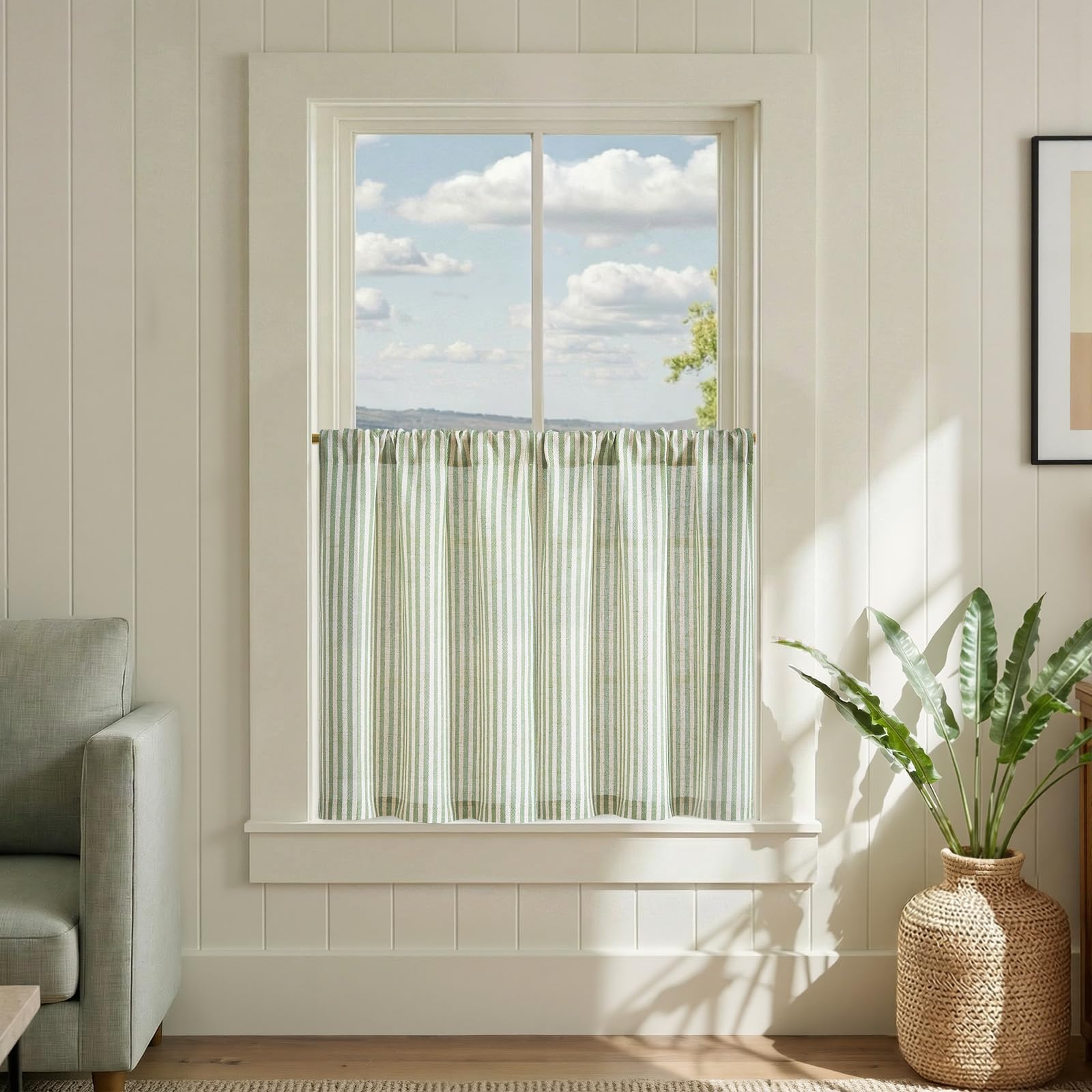 Photo 1 of jinchan Striped Linen Kitchen Curtains 30 Inches Length Tier Curtains Farmhouse Modern Cafe Style Small Window Treatments Airy Light Filtering Rod Pocket for Living Room Bathroom 2 Panels Sage Green