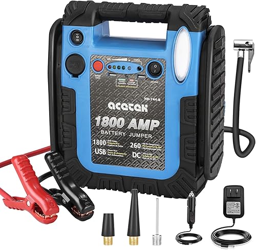 Arrancador de 1800 amperios con compresor de aire, arrancador de batería de coche acetek de 260 PSI, inflador de neumáticos de 20000 mAh, 12 V,