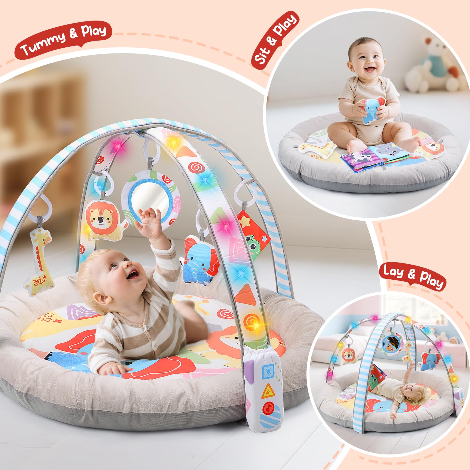 CUTE STONE Alfombra de juegos para bebés con luces, sonidos y juguetes desmontables – Alfombra de actividades para el desarrollo sensorial y motor – Volumen ajustable – Regalo ideal para recién nacido