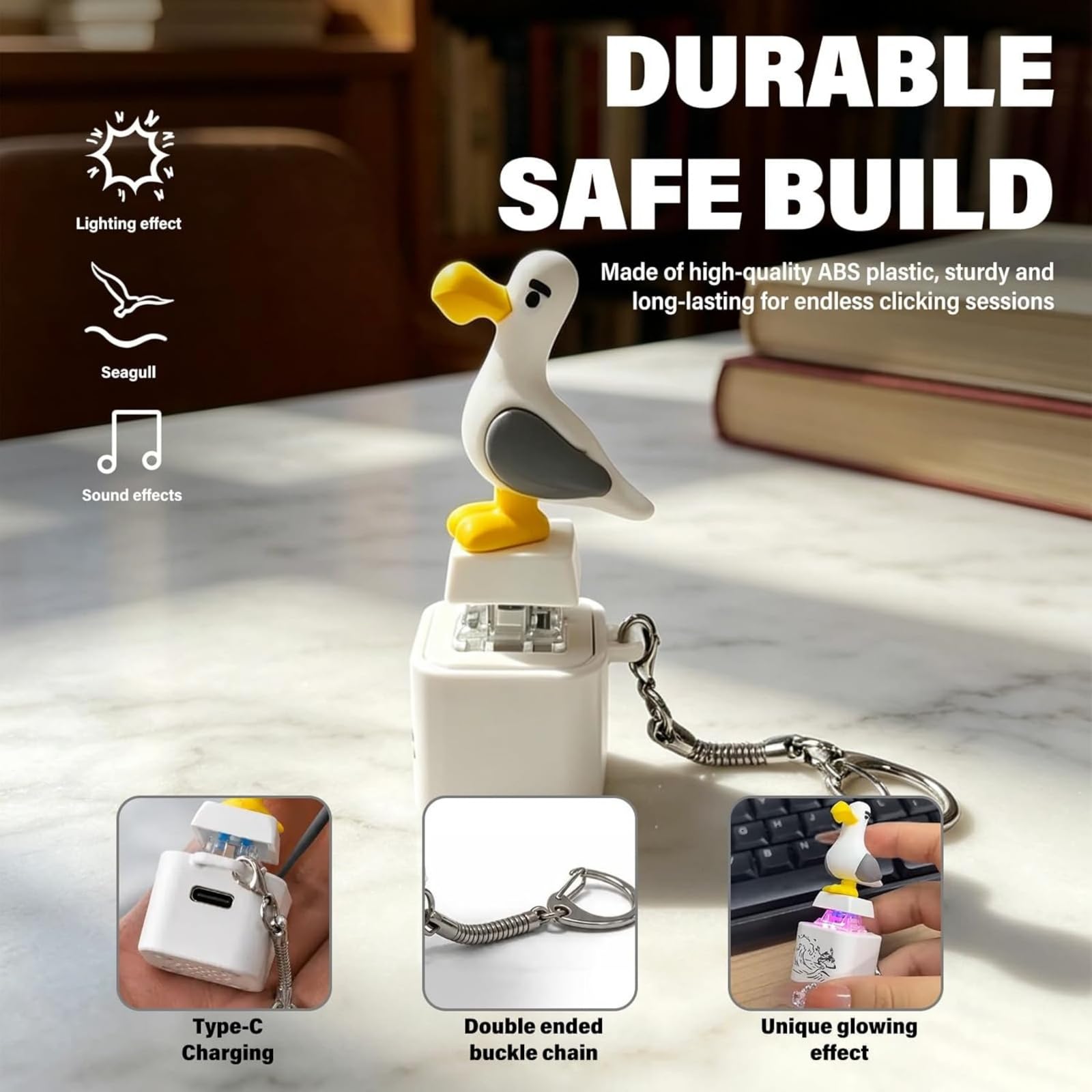 Llavero con botón de Sonido Seagull Mine (Gaviota ¡Mío!), Fidget Clicker Recargable con Sonido Real y luz LED, Llavero sensorial portátil, Divertido Juguete Interactivo antiestrés (#A4Pcs)