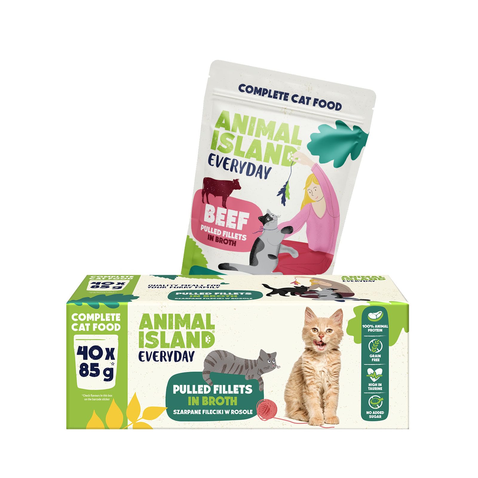 Animal Island Alimento Húmedo para Gatos Adultos Filetes de Ternera y Pollo en Caldo Sin Cereales Sin Azúcares Añadidos Alimento Completo Sobres, 40 x 85g