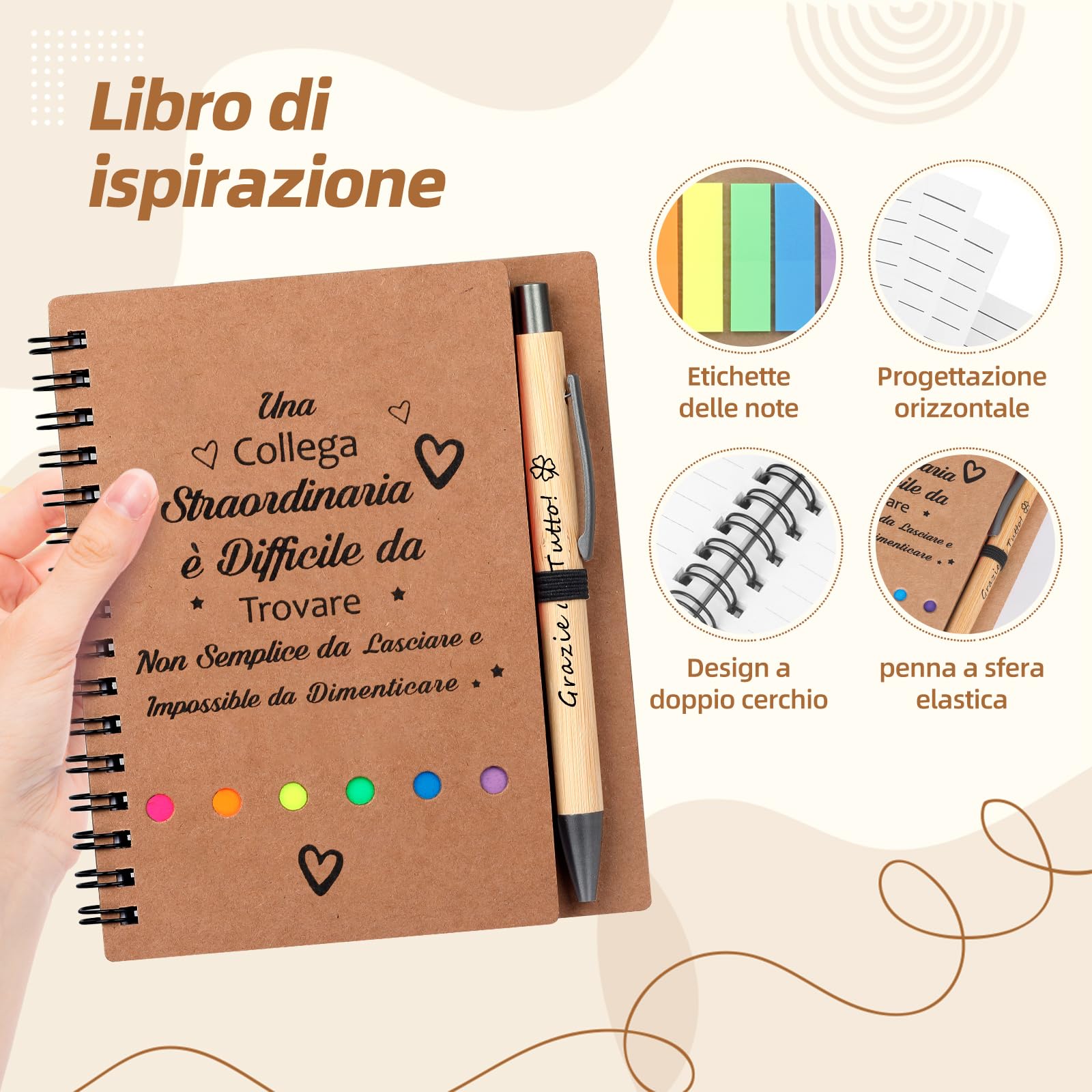Set regalo 4 pezzi per colleghi: quaderno spirale, penna retrattile, portachiavi, sacchetto garza
