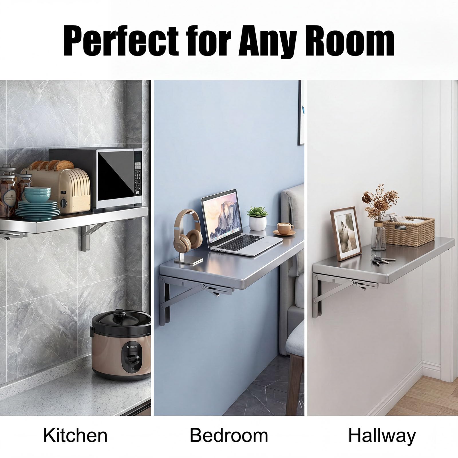 Tavolo pieghevole da parete, design salvaspazio per cucina, lavanderia, bagno, camera da letto, robusto tubo di supporto, facile installazione, 80 x 40 cm