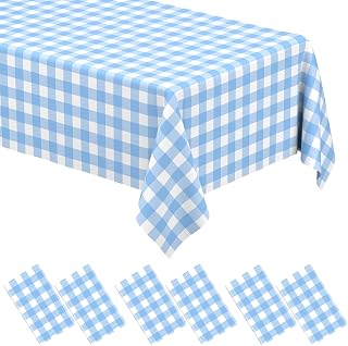 6 Pack Light Blue Gingham Tablecloth Rectangular Pale Blue and White Checkered Tablecloths Disposable Plastic Plaid Table Cover for Parties, Outdoor Picnic, Birthday, Wedding, Camping 54 × 108 Inch