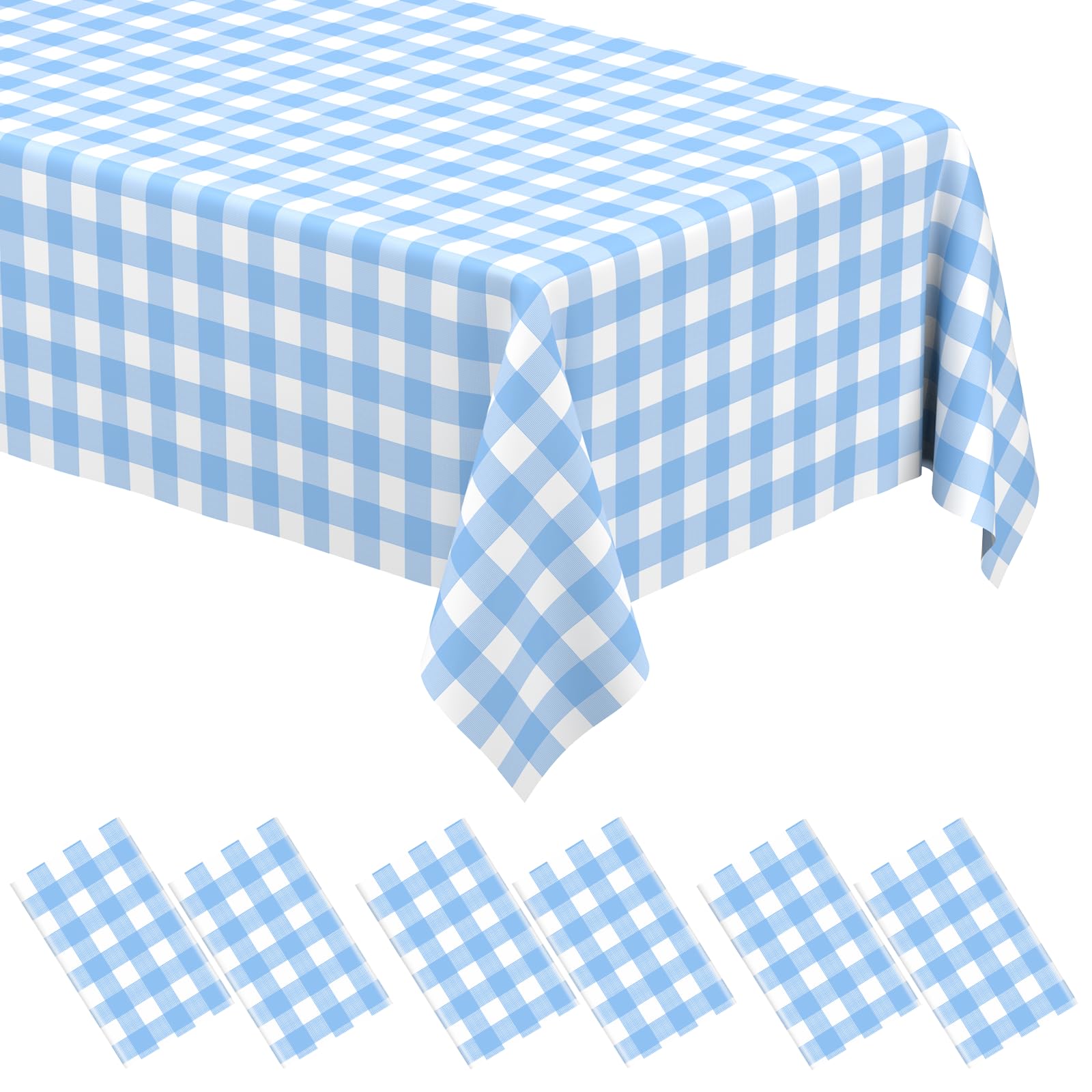 6 Pack Light Blue Gingham Tablecloth Rectangular Pale Blue and White Checkered Tablecloths Disposable Plastic Plaid Table Cover for Parties, Outdoor Picnic, Birthday, Wedding, Camping 54 × 108 Inch